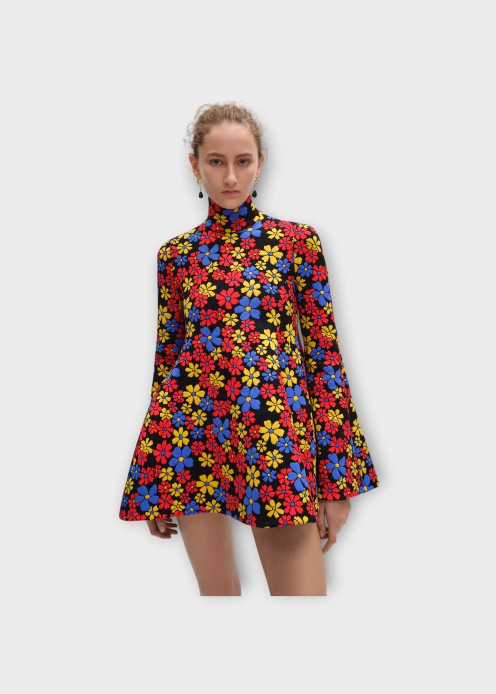 Celine Celine Dress, Print, Wool Jacquard High Collar Mini Dress In Black & Multicolor w/ Flower Print