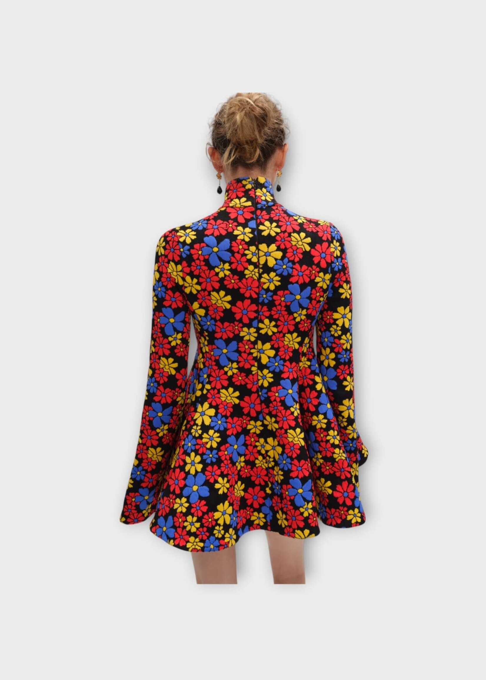 Celine Celine Dress, Print, Wool Jacquard High Collar Mini Dress In Black & Multicolor w/ Flower Print