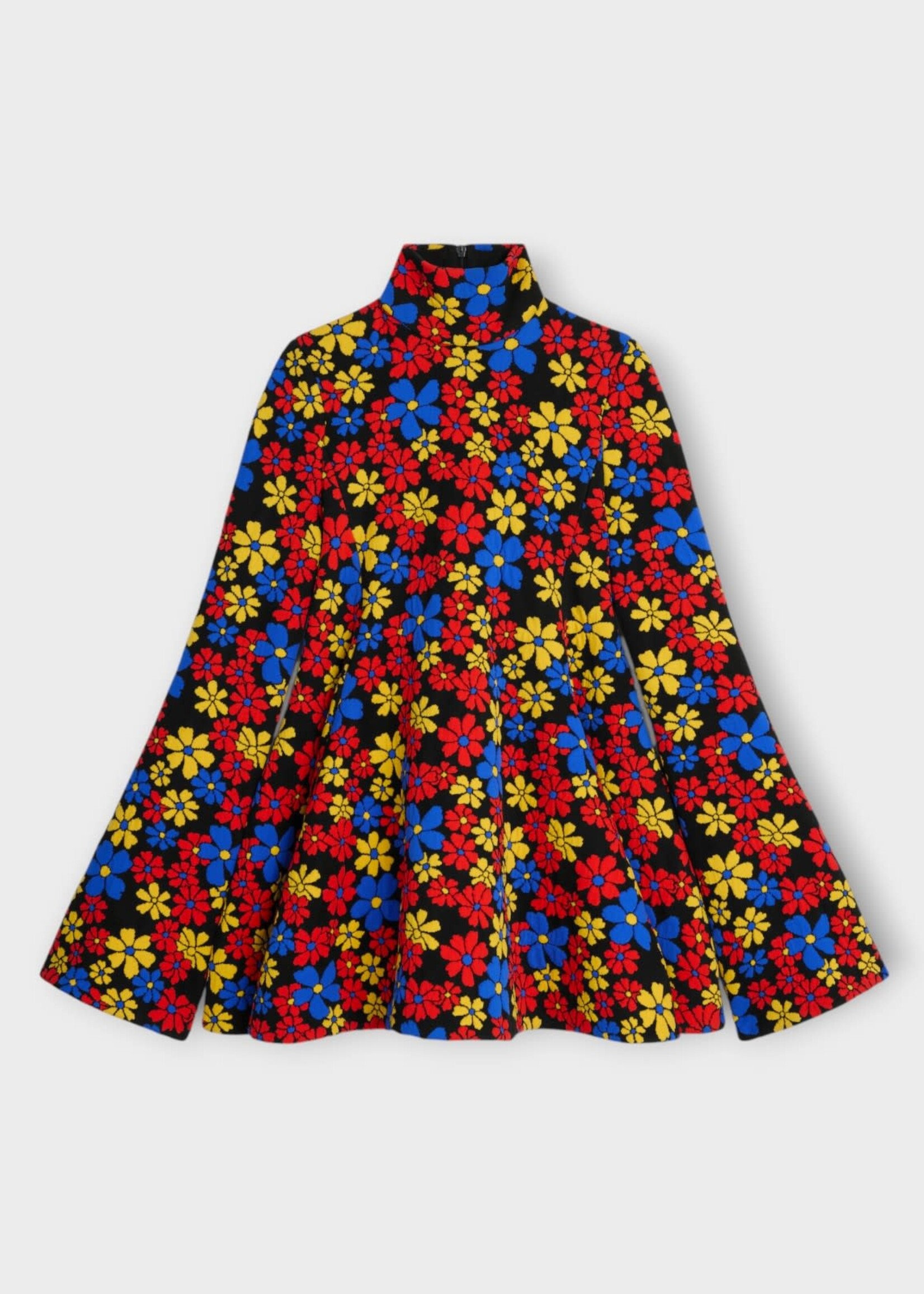 Celine Celine Dress, Print, Wool Jacquard High Collar Mini Dress In Black & Multicolor w/ Flower Print