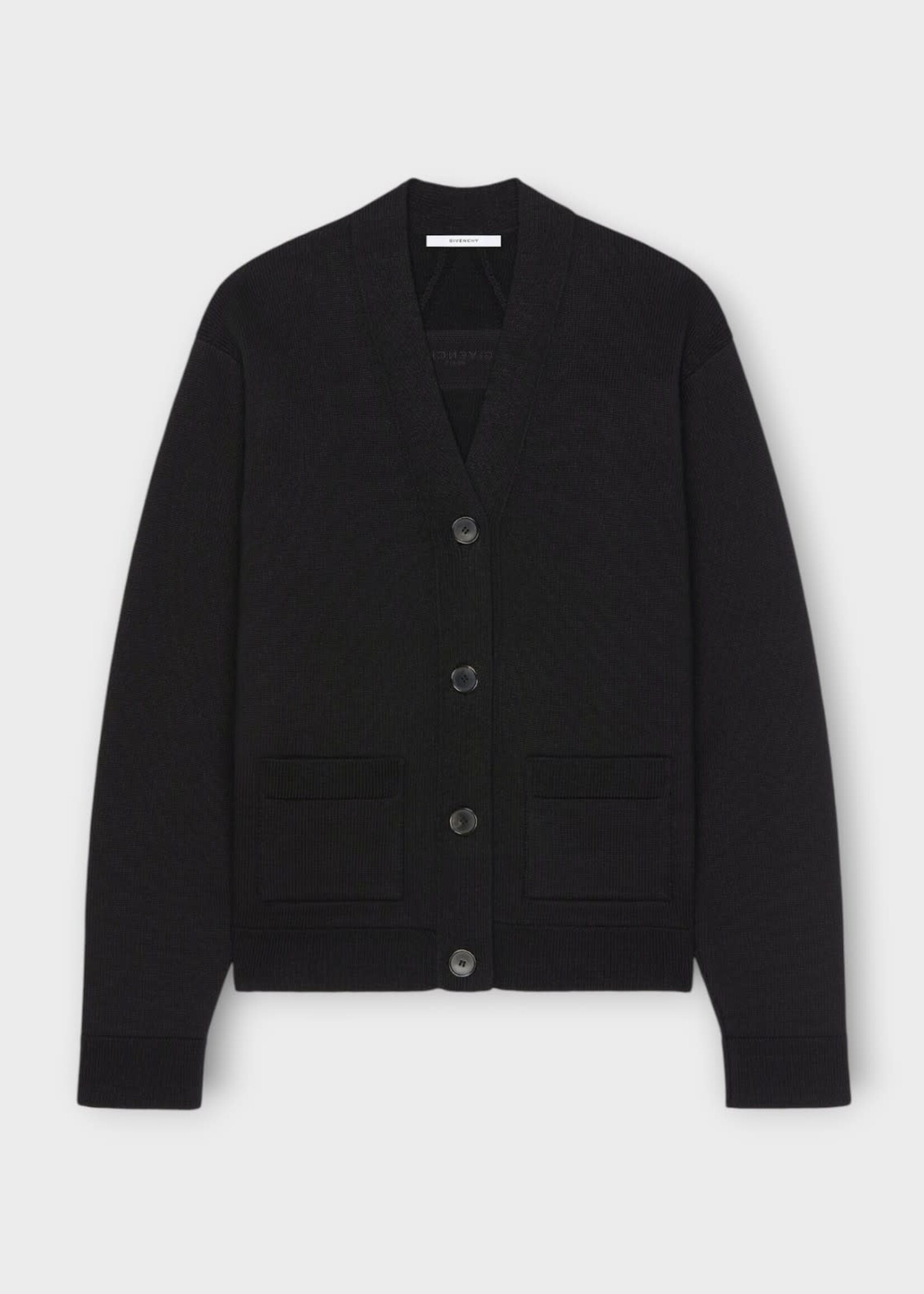 Givenchy Givenchy Knitwear, Black, Wool & Linen V-Neck Cardigan In Black w/ Patch Pockets