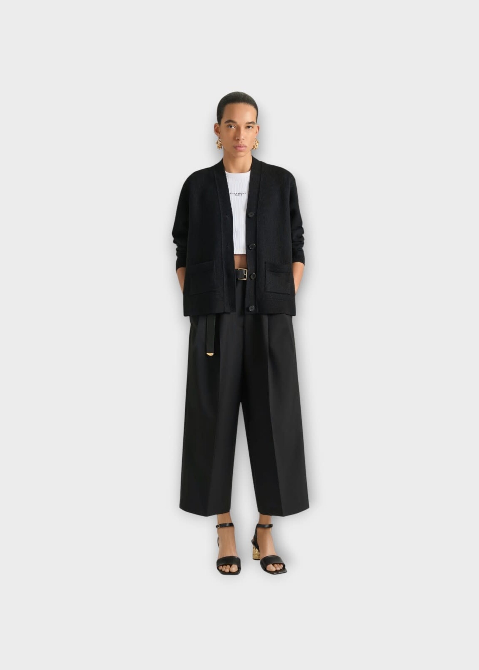 Givenchy Givenchy Knitwear, Black, Wool & Linen V-Neck Cardigan In Black w/ Patch Pockets
