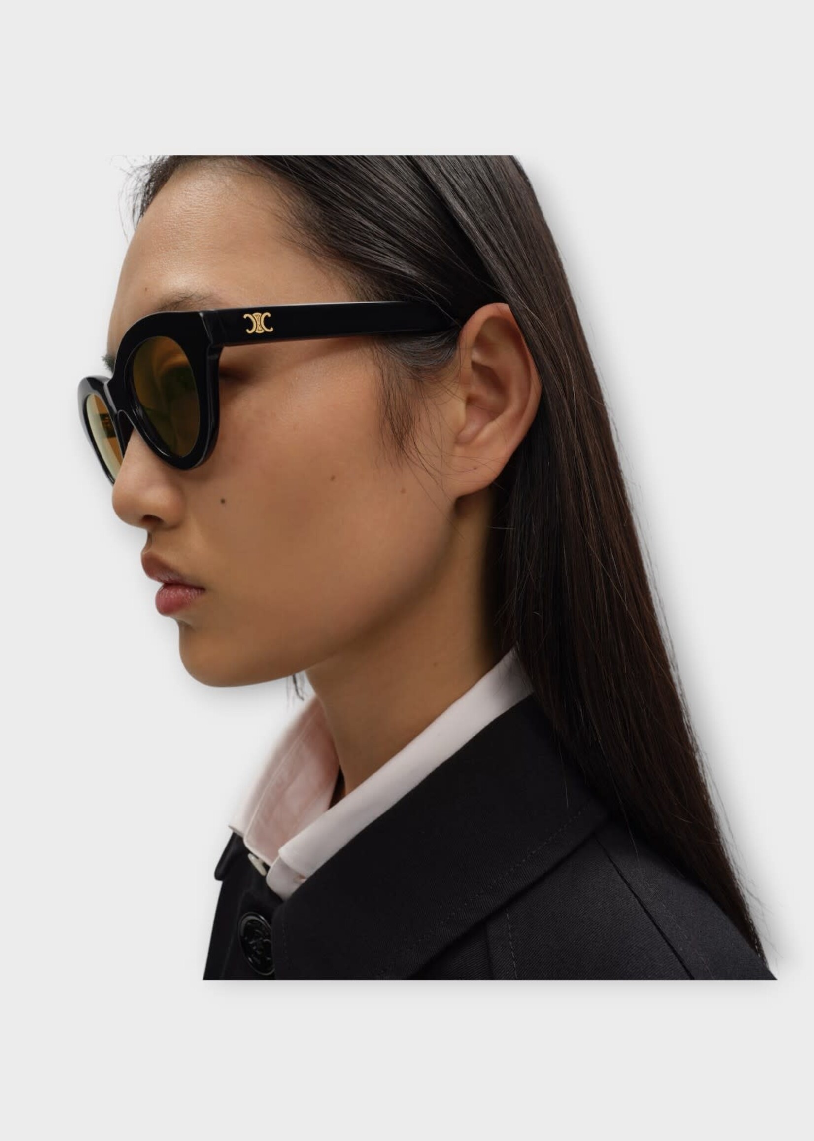 Celine Celine Sunglasses, Black, Triomphe Mini 01 Round Acetate Frame In Black w/ Nicotine Lenses