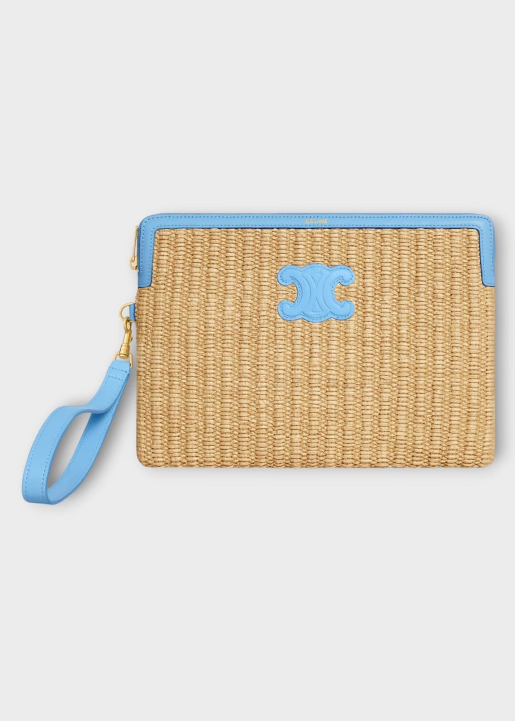 Celine Celine Bag, Beige, Raffia Small Pouch in Natural  & Sky Blue w/ Strap