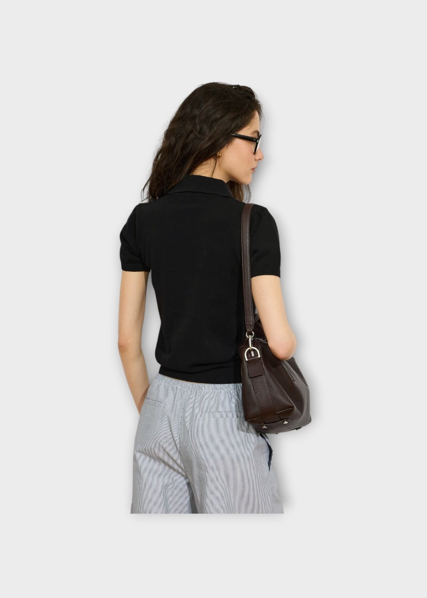 Alexandra Golovanoff AGT Knitwear, Lea Lin Cotton & Linen Short Sleeve Polo Sweater in Black