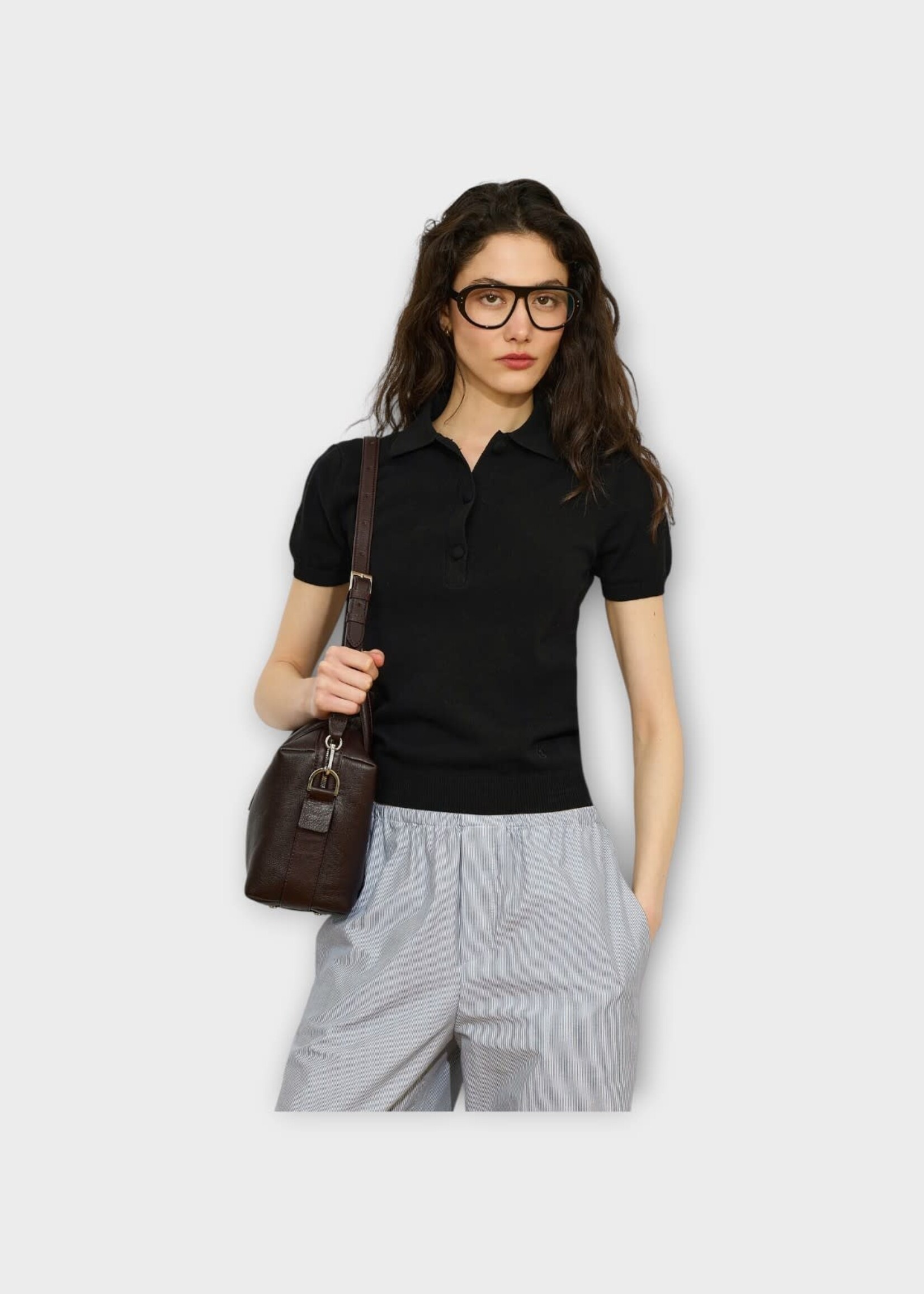Alexandra Golovanoff AGT Knitwear, Lea Lin Cotton & Linen Short Sleeve Polo Sweater in Black