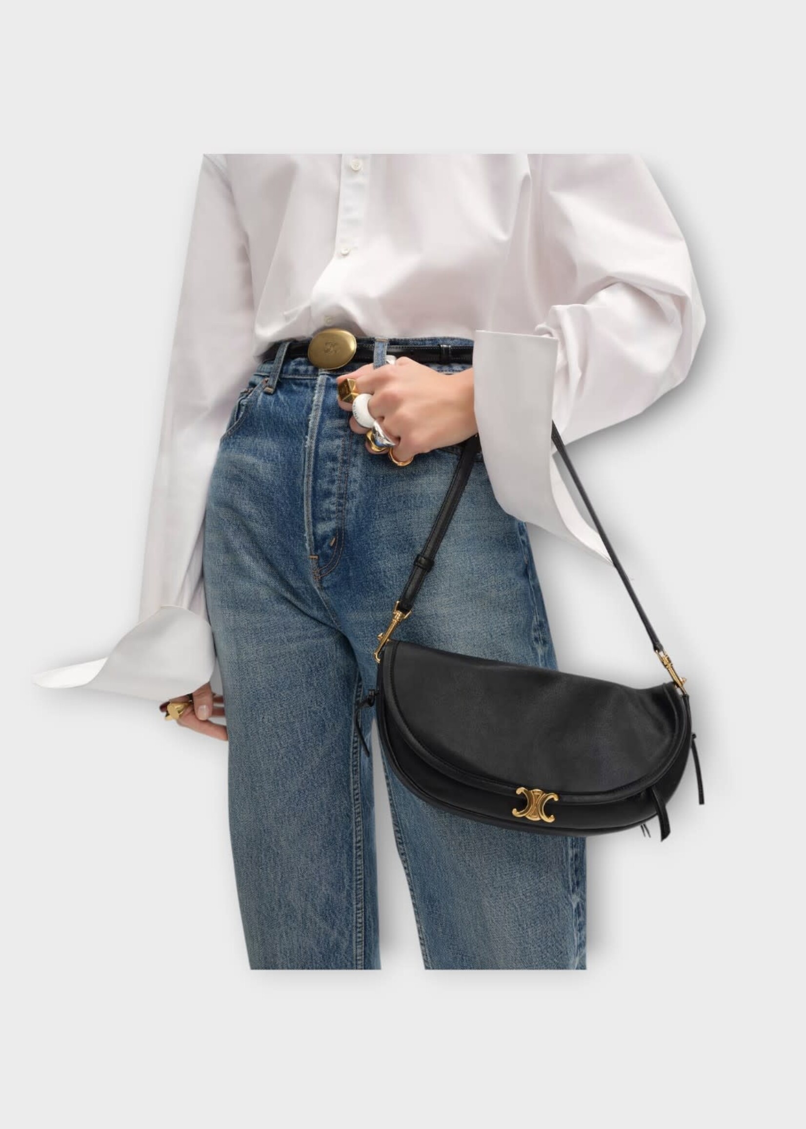 Celine Celine Bag, Black, Soft Triomphe Supple Shiny Lambskin Small Halfmoon Shoulder Bag