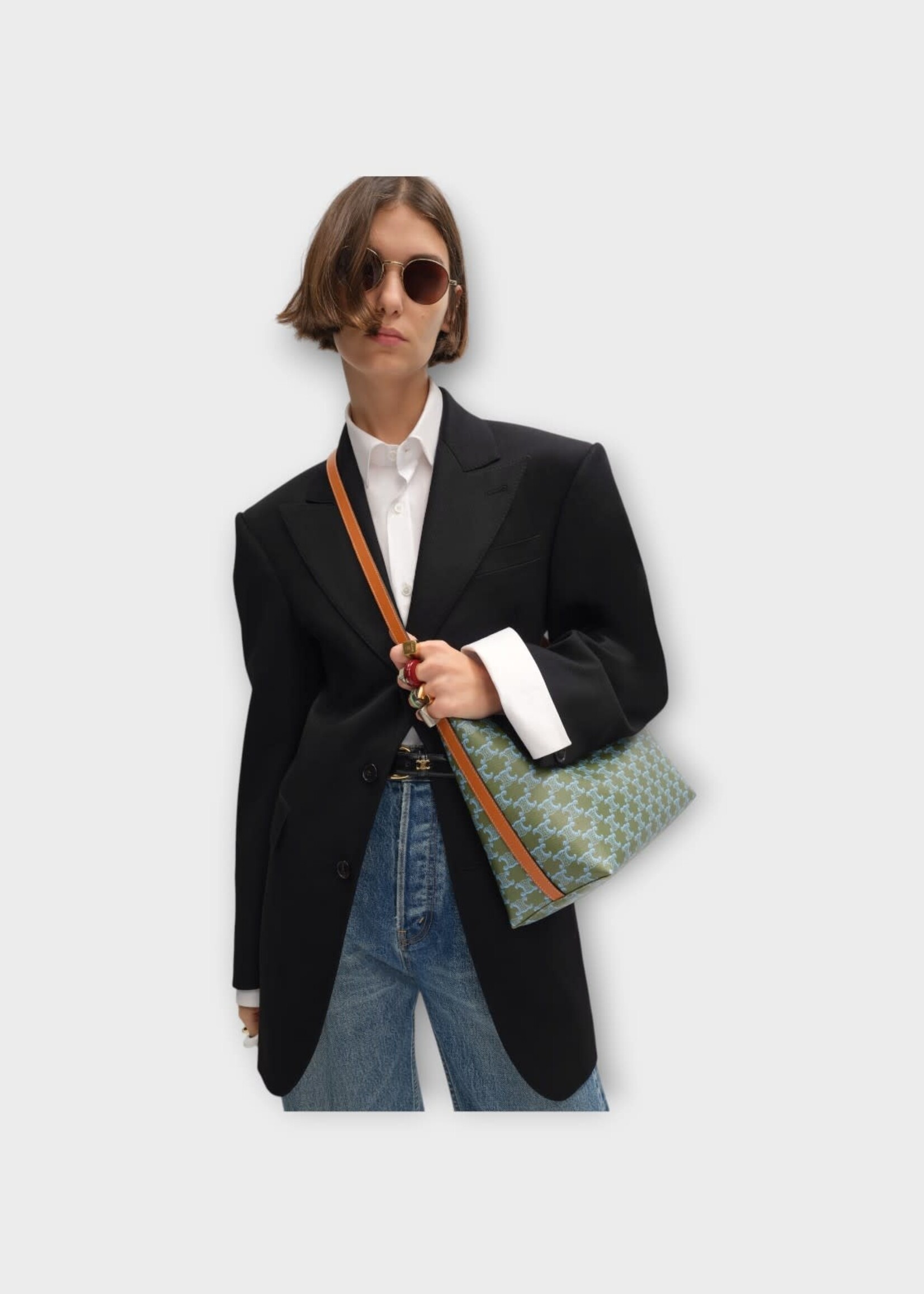 Celine Celine Bag, Print, Triomphe Canvas & Calfskin Soft Shopper In Light Kaki & Sky Blue