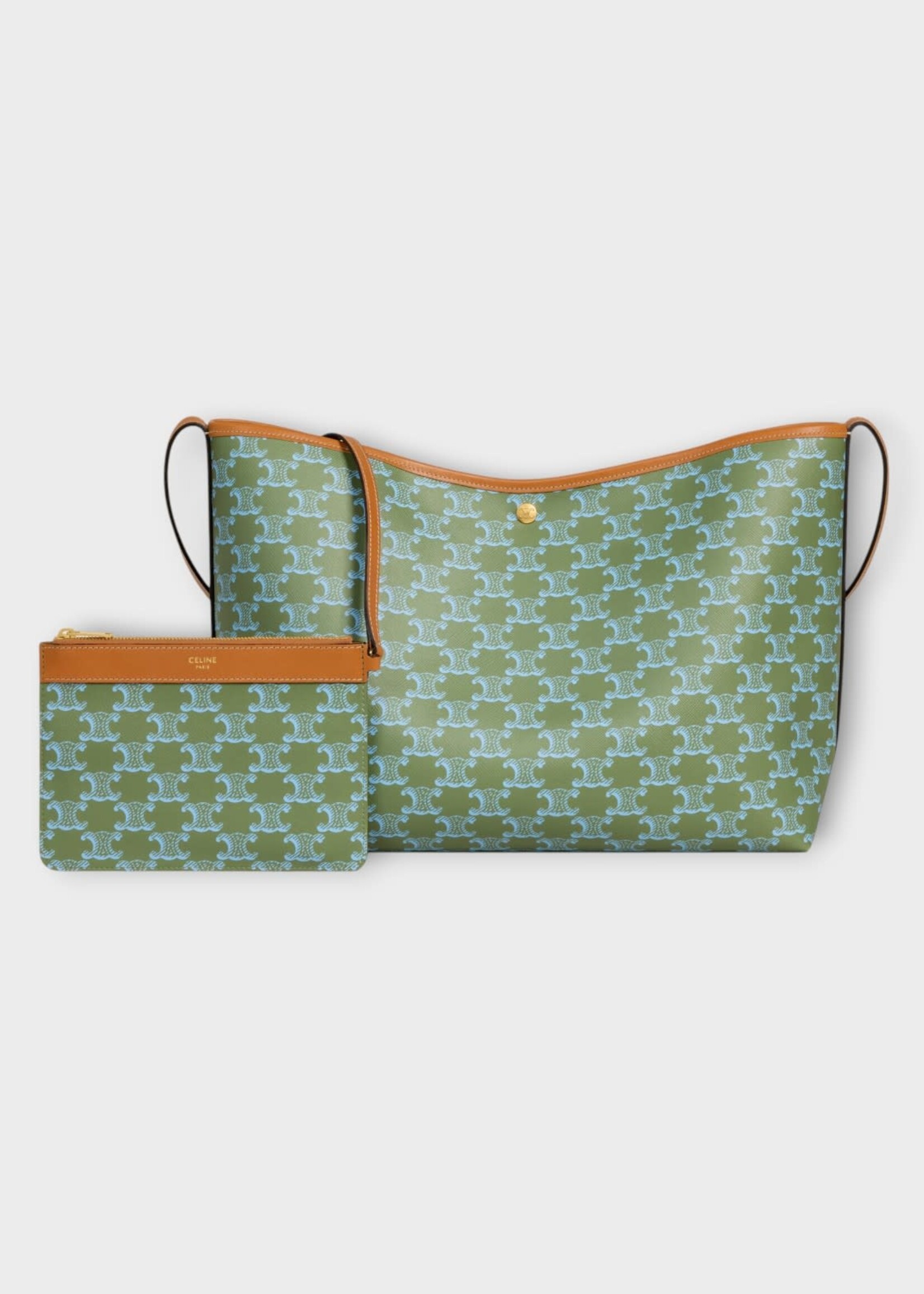 Celine Celine Bag, Print, Triomphe Canvas & Calfskin Soft Shopper In Light Kaki & Sky Blue