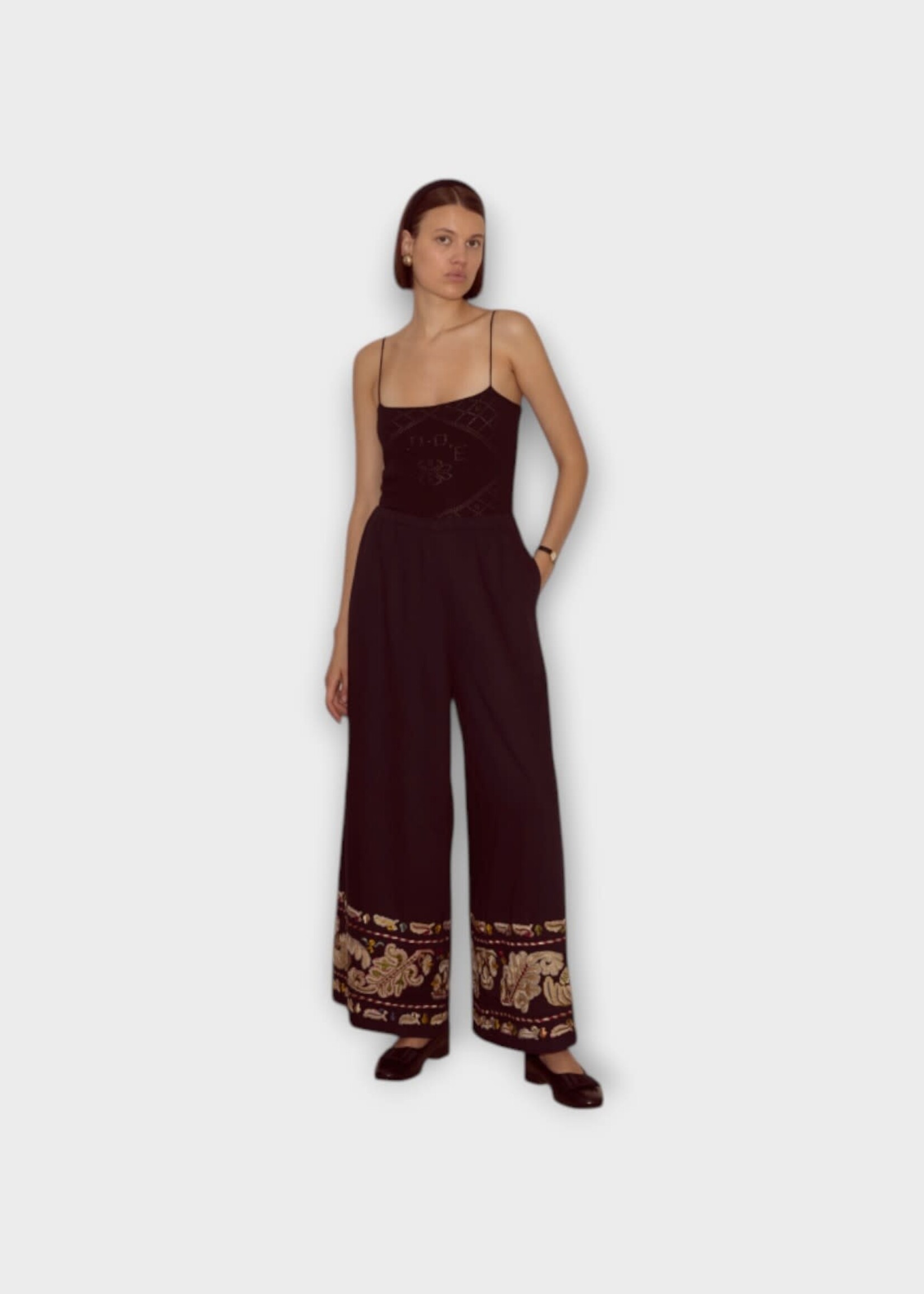 Bode Bode Trousers, Multi, Wide Leg Runner Pants w/ Feather Embroidery