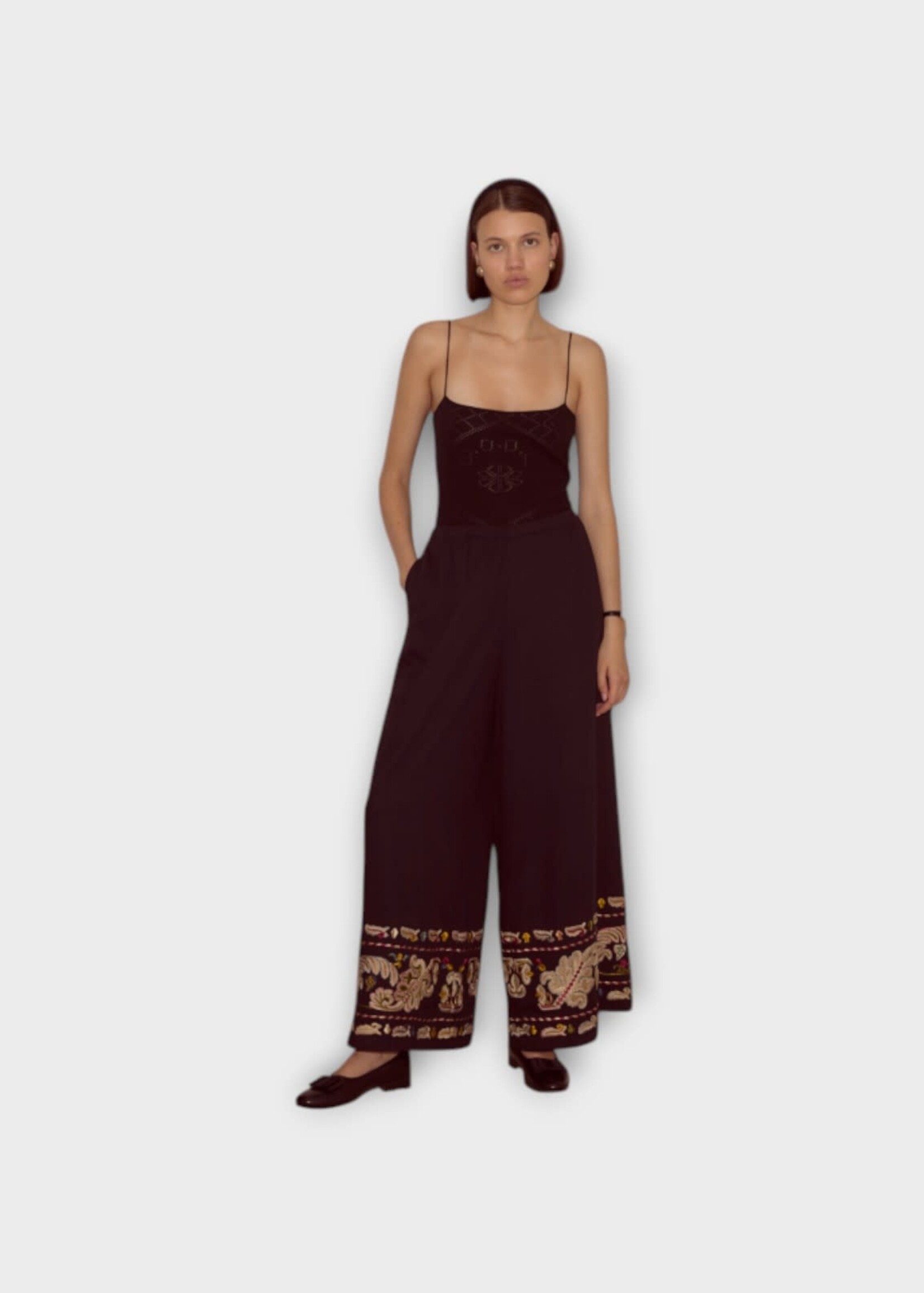 Bode Bode Trousers, Multi, Wide Leg Runner Pants w/ Feather Embroidery
