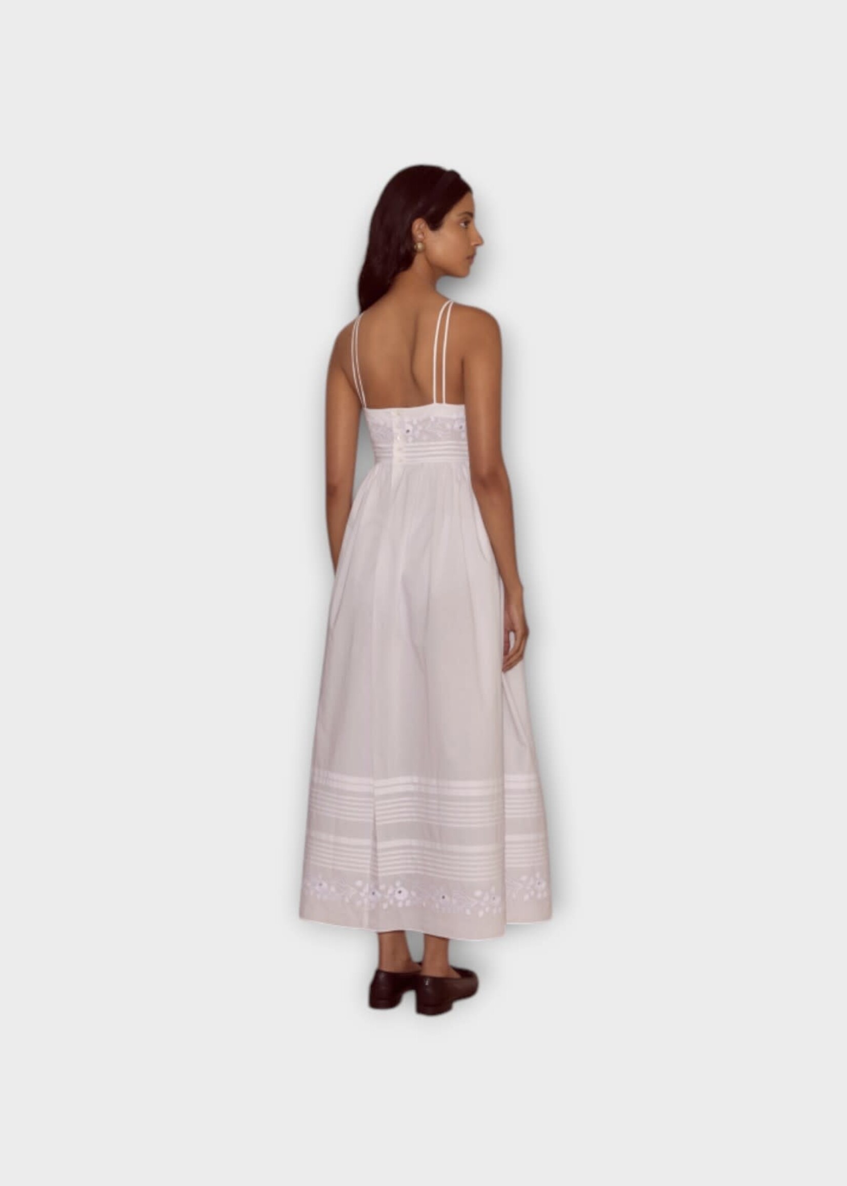 Bode Bode Dress, White, Chamomile Poplin Sleeveless Dress w/ Floral Embroidery