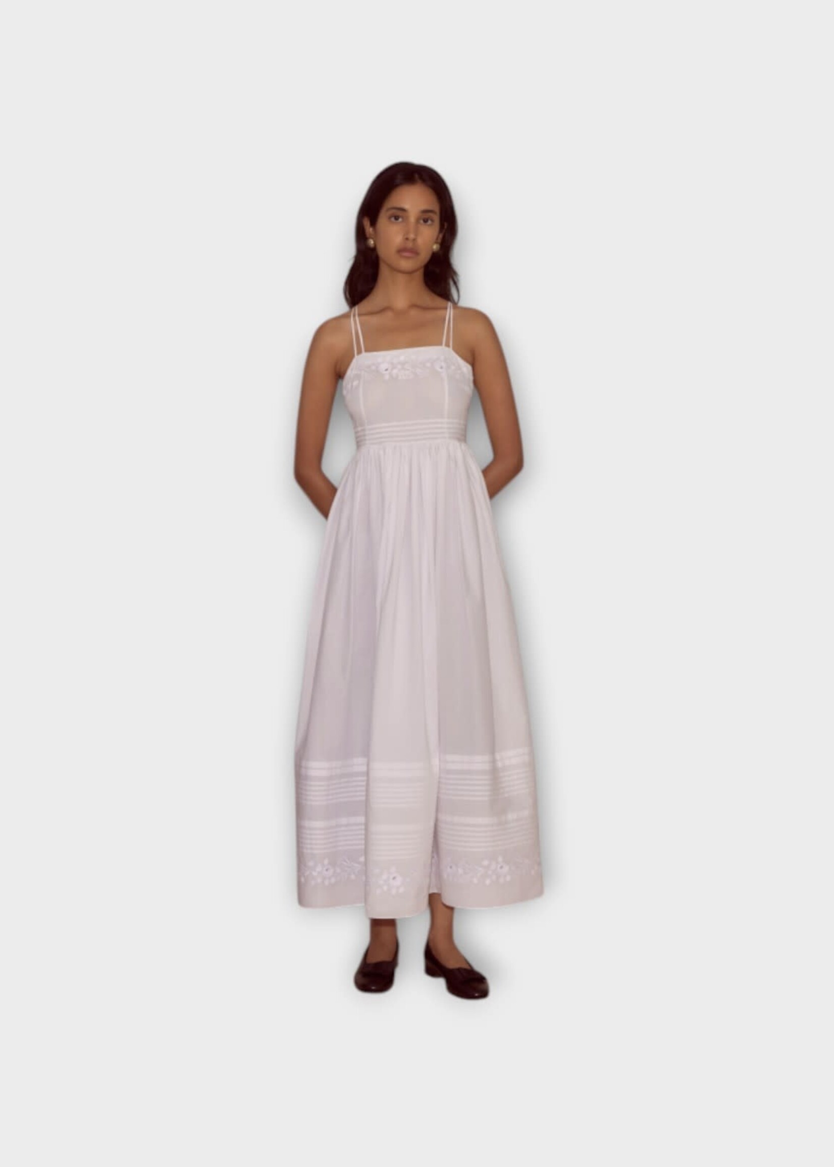 Bode Bode Dress, White, Chamomile Poplin Sleeveless Dress w/ Floral Embroidery