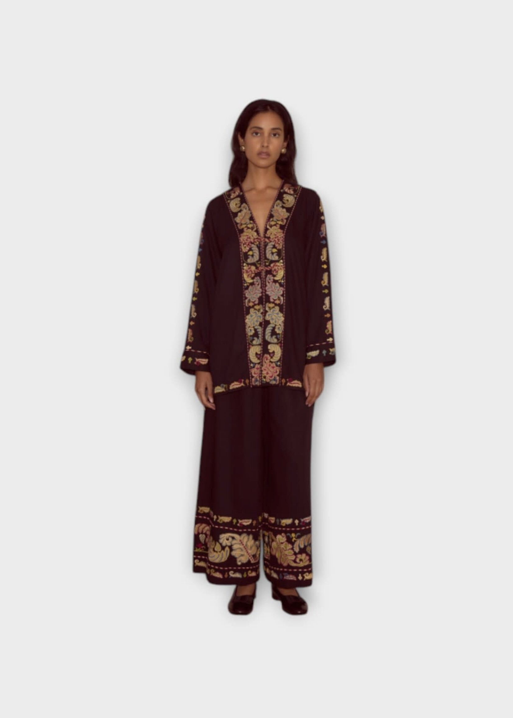Bode Bode Jacket, Multi, V-Neck Paneled Runner Jacket w/ Feather Embroidery