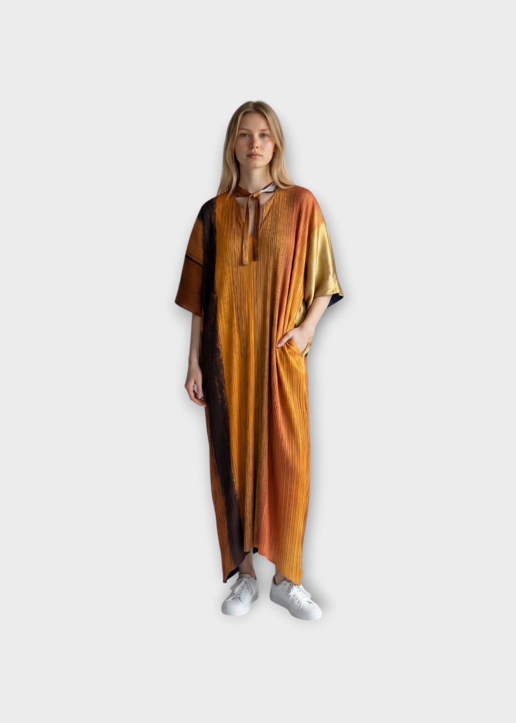Marie Adam-Leenaerdt Marie Adam-Leenaerdt Dress, Print, Silk Satin Print Sunset Landscape Dress In Sunset Light Orange