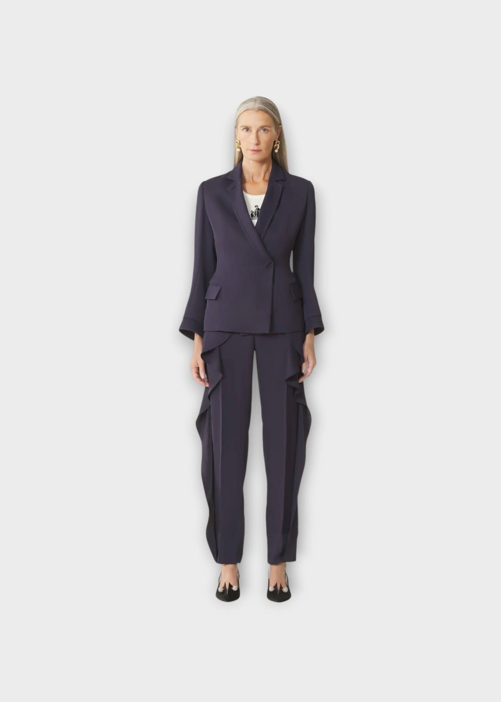 Lanvin Lanvin Trousers, Navy, High Waisted Frilled Twill Pants