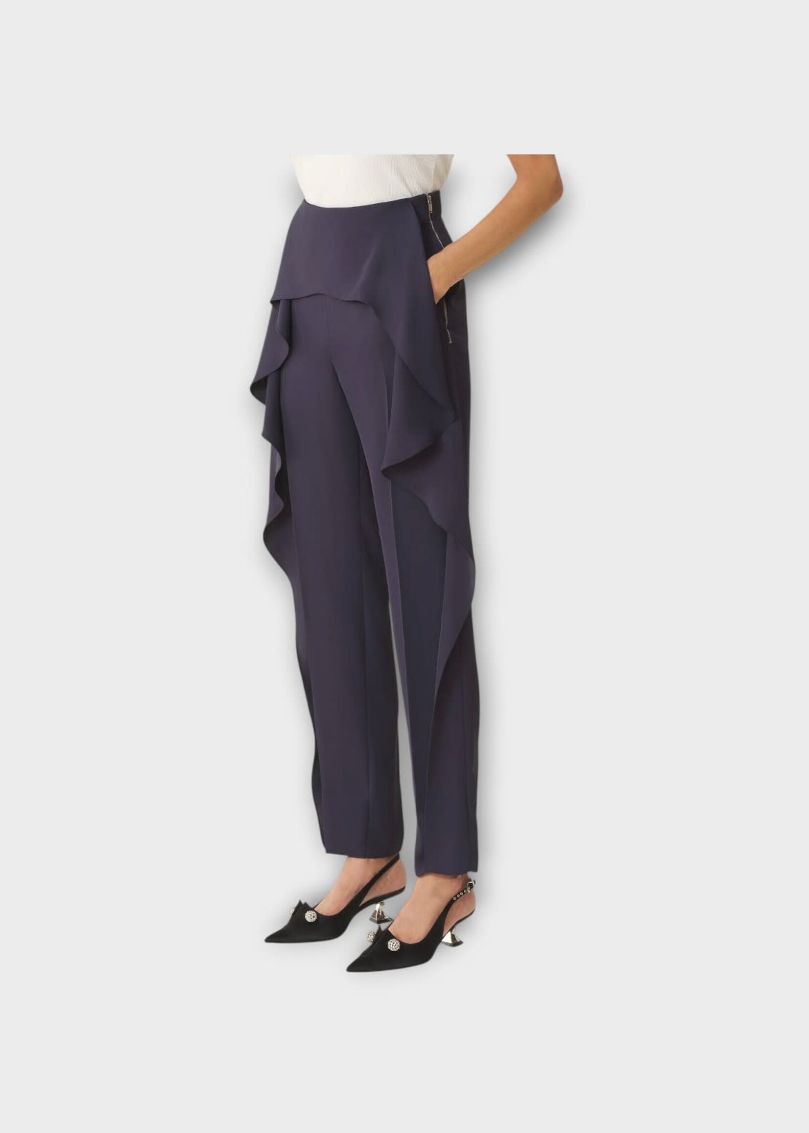 Lanvin Lanvin Trousers, Navy, High Waisted Frilled Twill Pants
