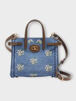 Valentino Valentino Bag, Multi, Denim Small Tote In Denim & Multicolor w/ Flower Bouquet Embroidery