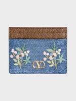 Valentino Valentino Wallet, Multi, V-Logo Signature Denim Card Holder In Blue w/ Floral Embroidery
