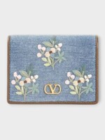 Valentino Valentino Wallet, Multi, V-Logo Signature Denim Wallet In Blue w/ Floral Embroidery