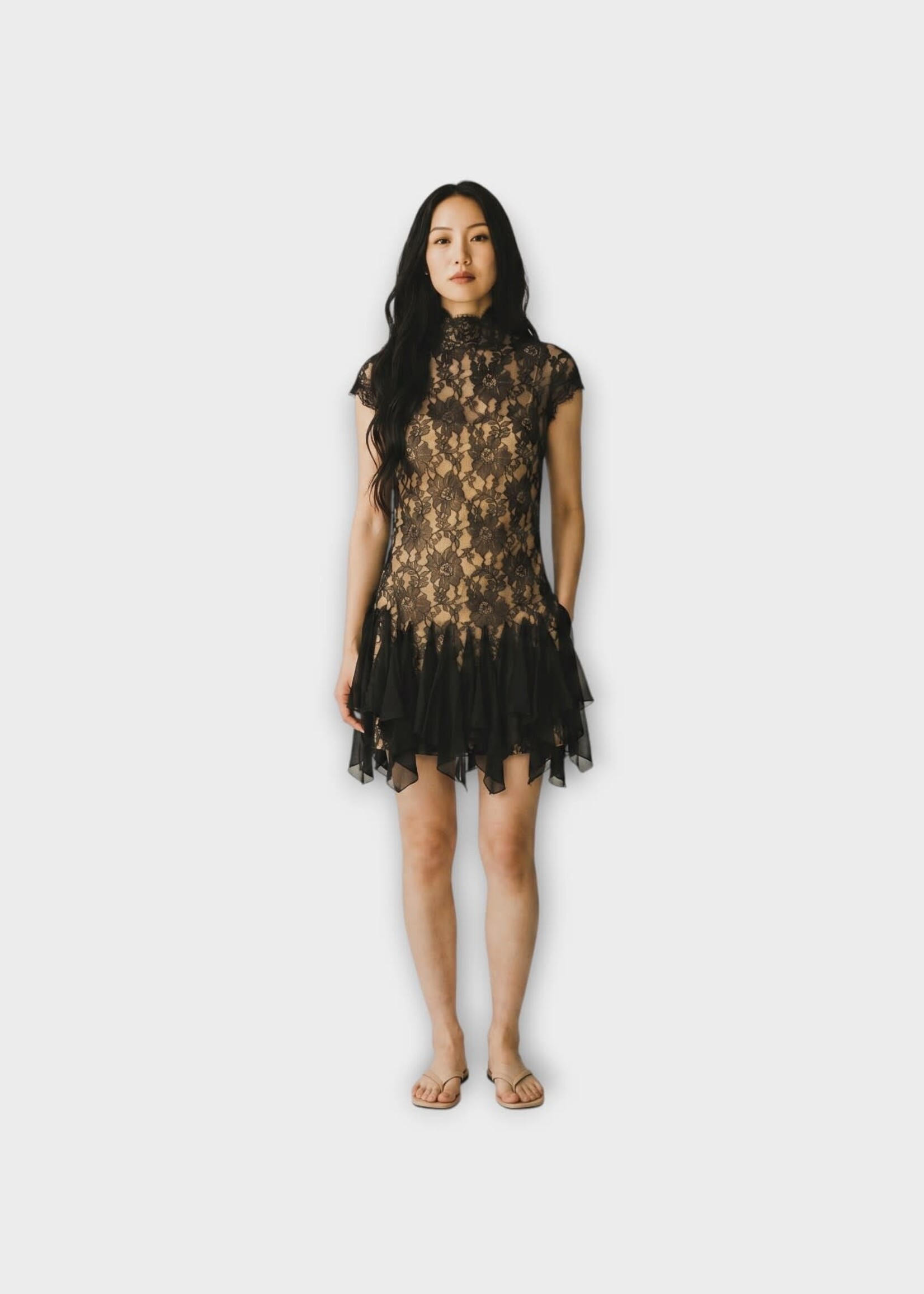 Valentino Valentino Dress, Multi, Macro Fiori Lace High Neck Short Sleeve Mini Dress In Black & Beige