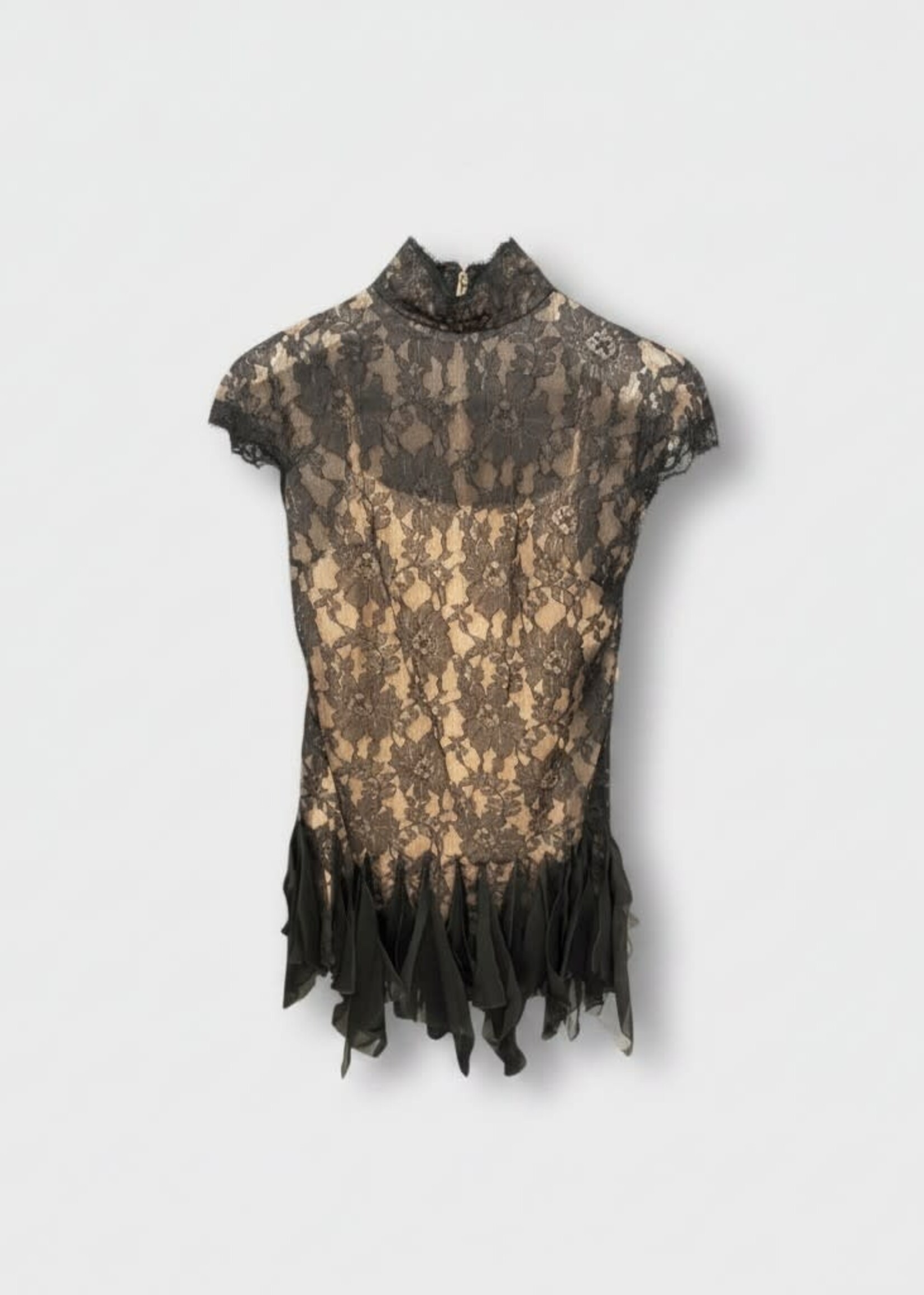 Valentino Valentino Dress, Multi, Macro Fiori Lace High Neck Short Sleeve Mini Dress In Black & Beige