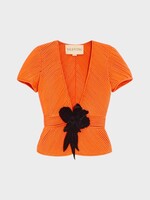 Valentino Valentino Jacket, Orange, Tulle Illusion V-Neck Short Sleeve Jackets In Dirty Orange w/ Floral Detail