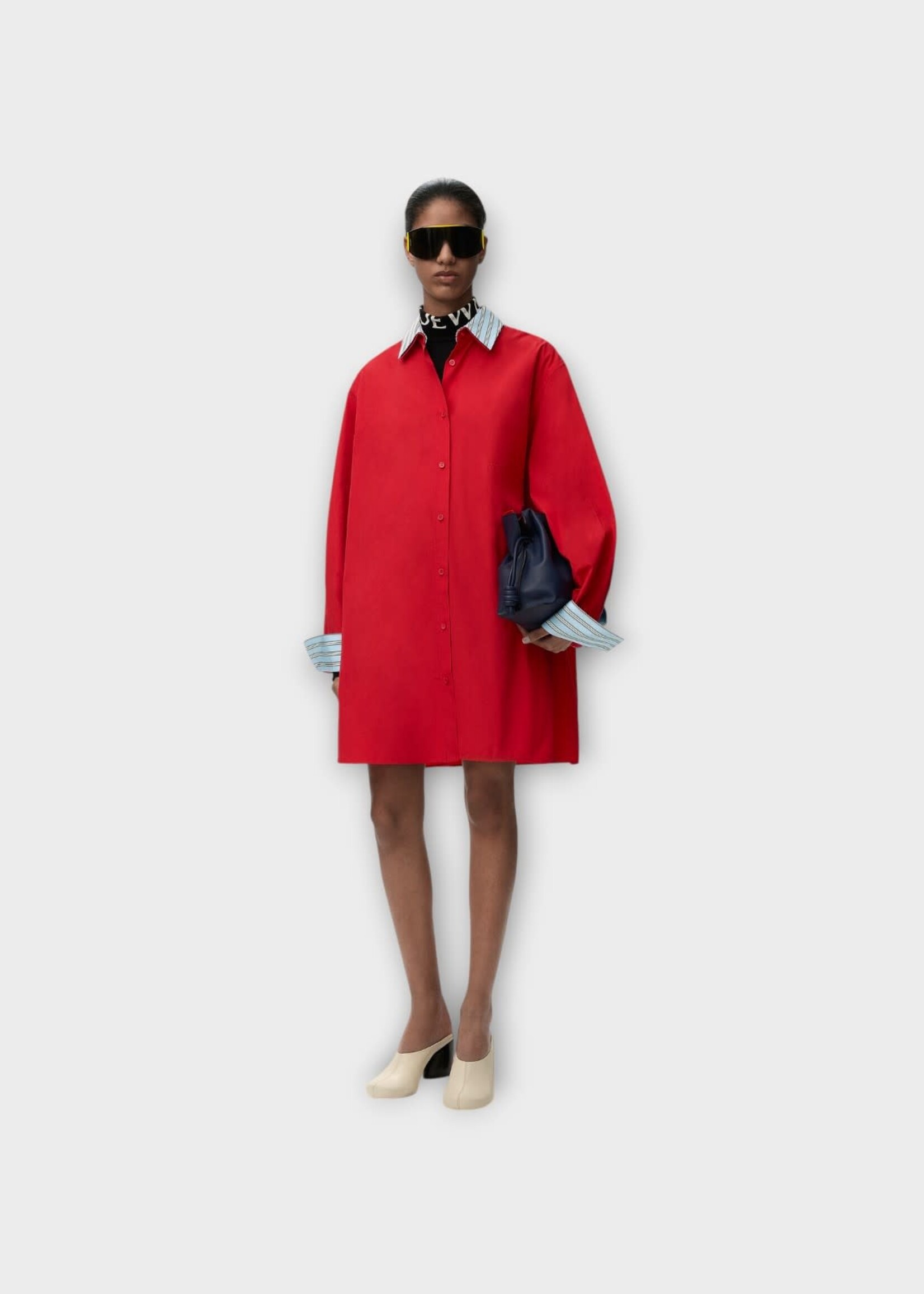 Loewe Loewe Dress, Red, Cotton Shirt Dress In Red w/ Striped Collar Detail