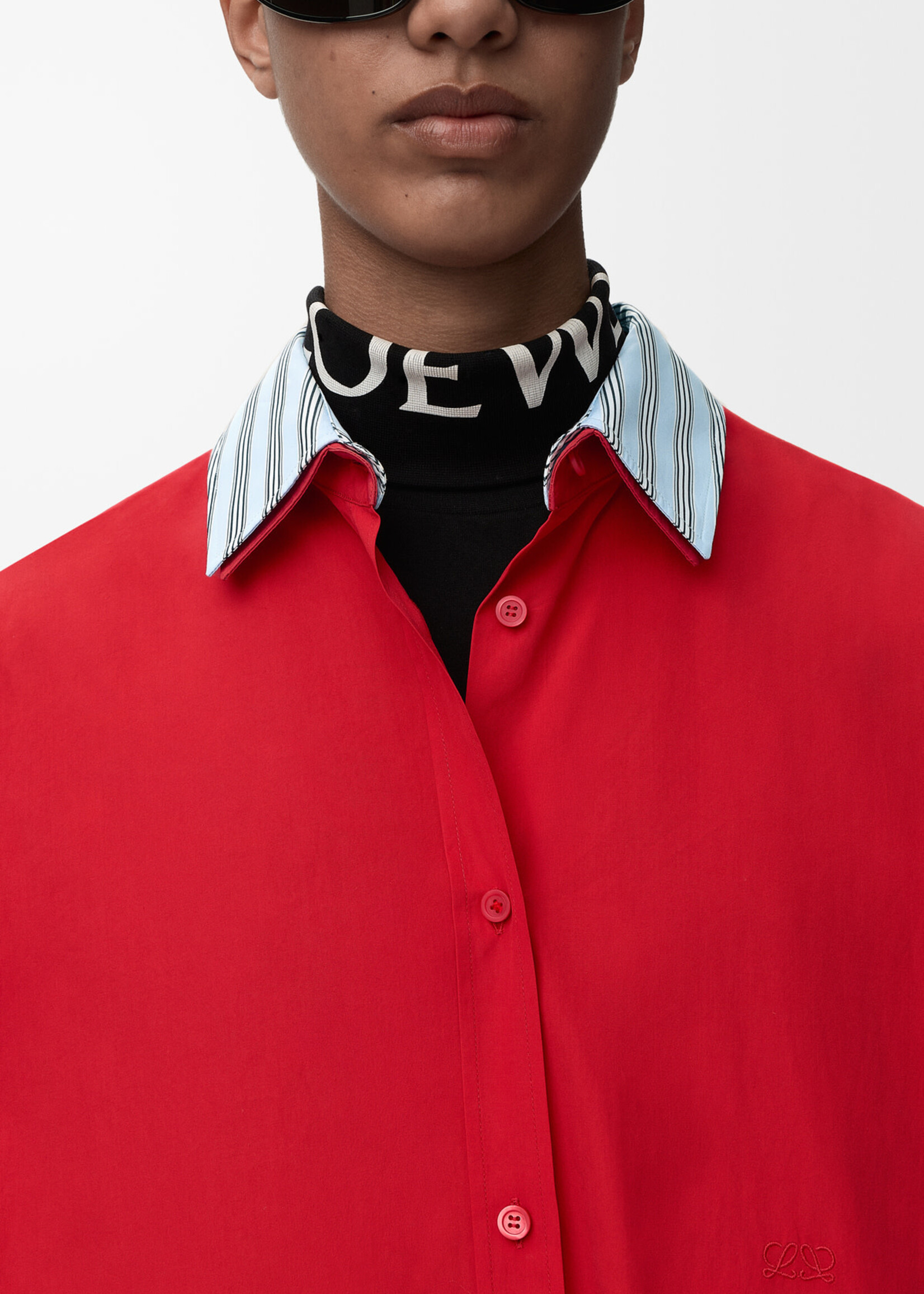 Loewe Loewe Dress, Red, Cotton Shirt Dress In Red w/ Striped Collar Detail