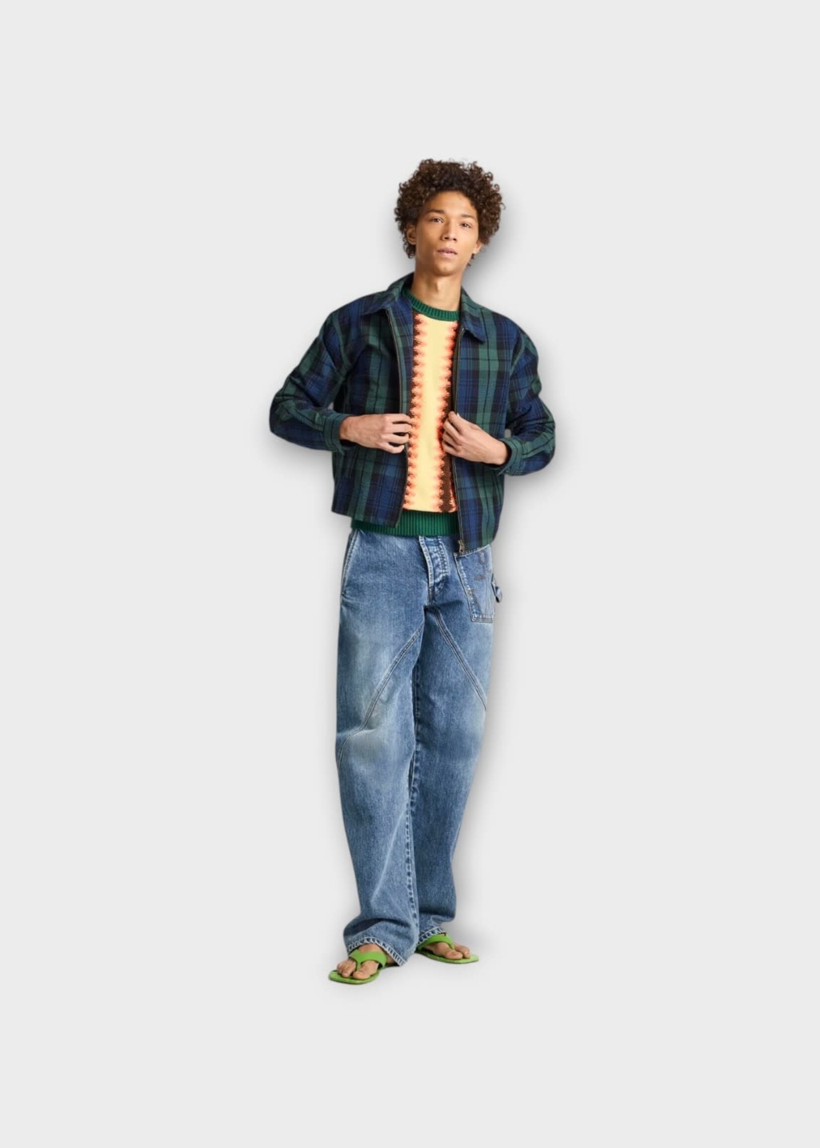 J.W. Anderson J.W.Anderson Jacket, Print, Cotton Collared Front Zip Jacket In Navy & Green w/ Check Print