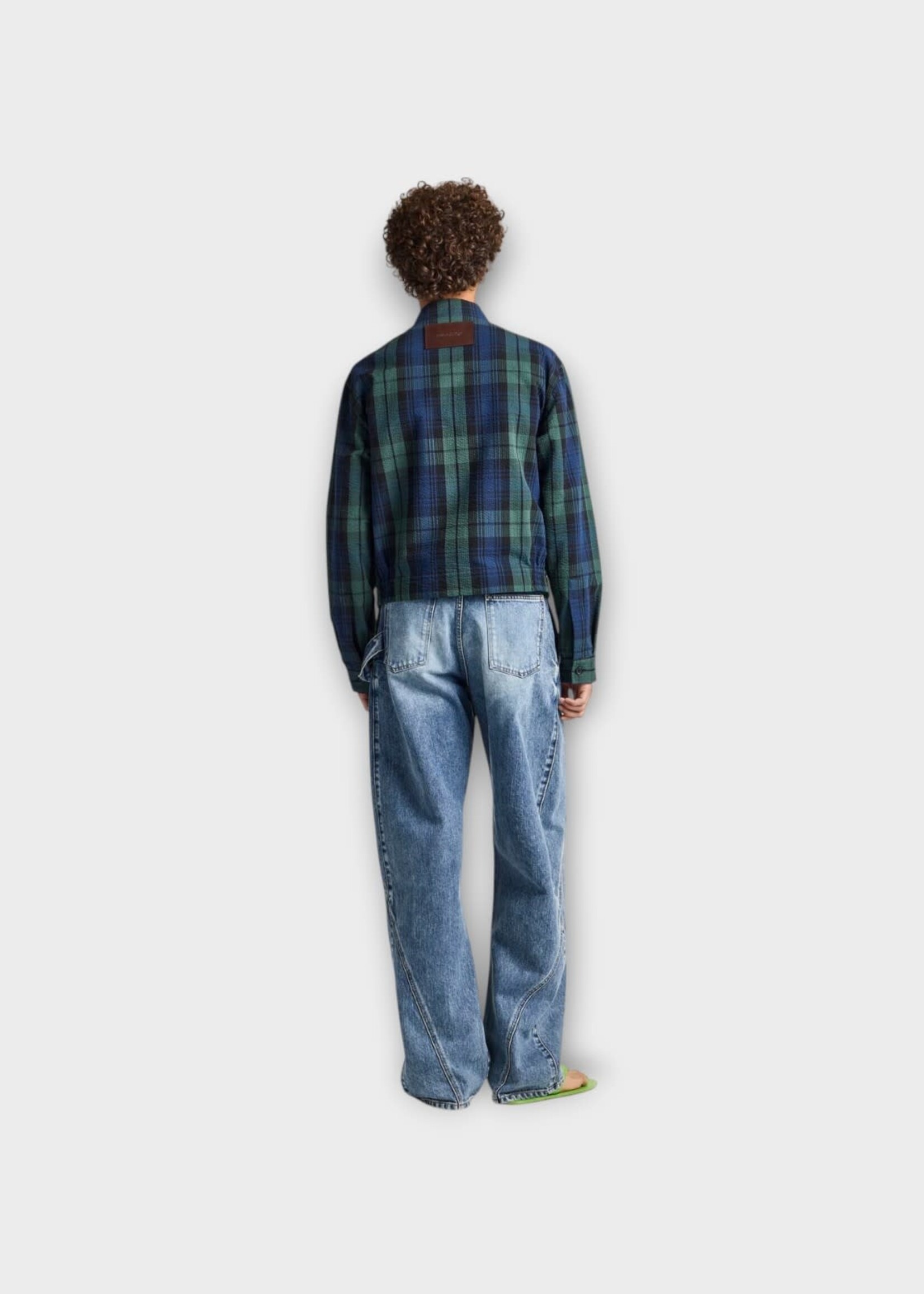 J.W. Anderson J.W.Anderson Jacket, Print, Cotton Collared Front Zip Jacket In Navy & Green w/ Check Print
