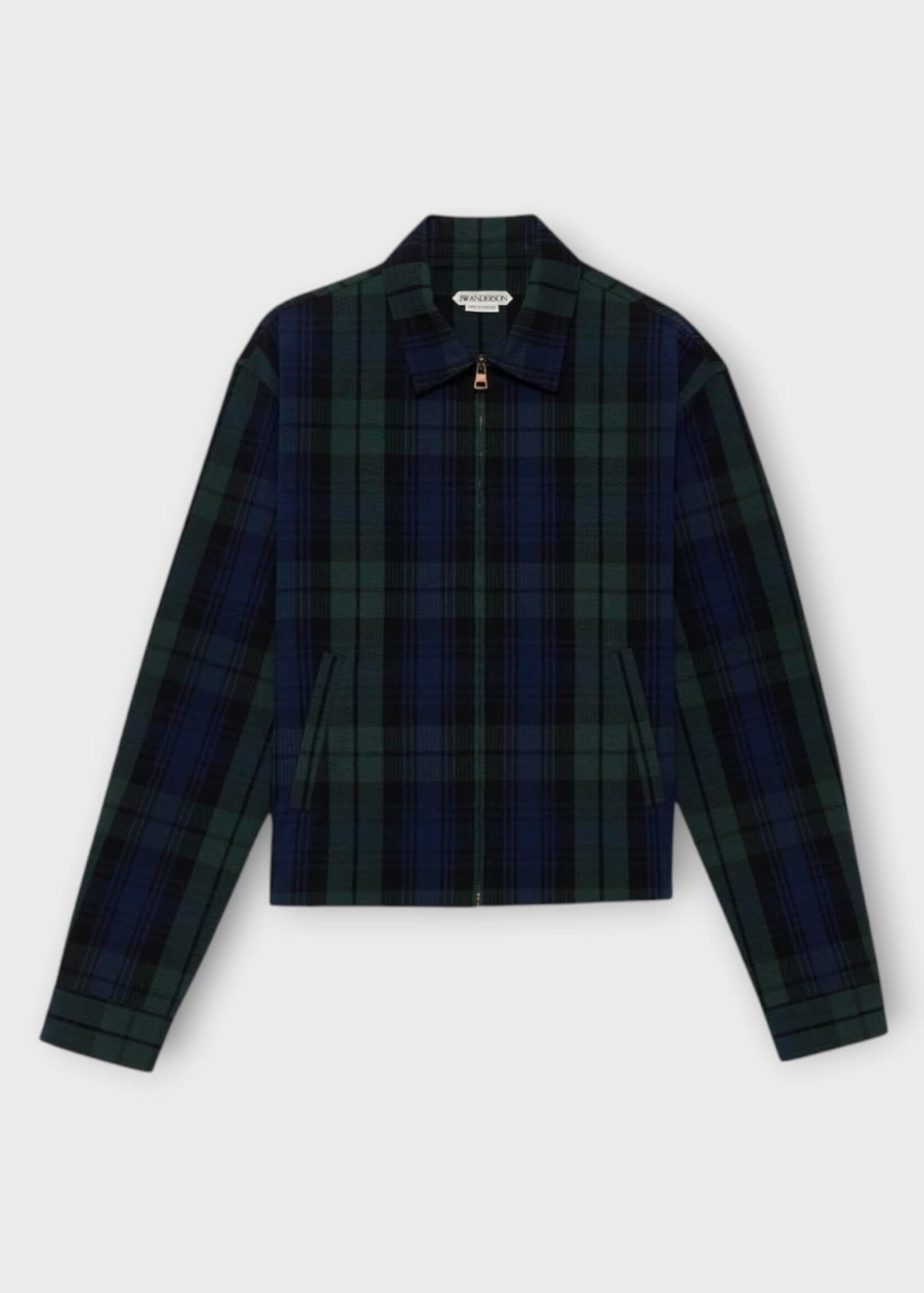 J.W. Anderson J.W.Anderson Jacket, Print, Cotton Collared Front Zip Jacket In Navy & Green w/ Check Print