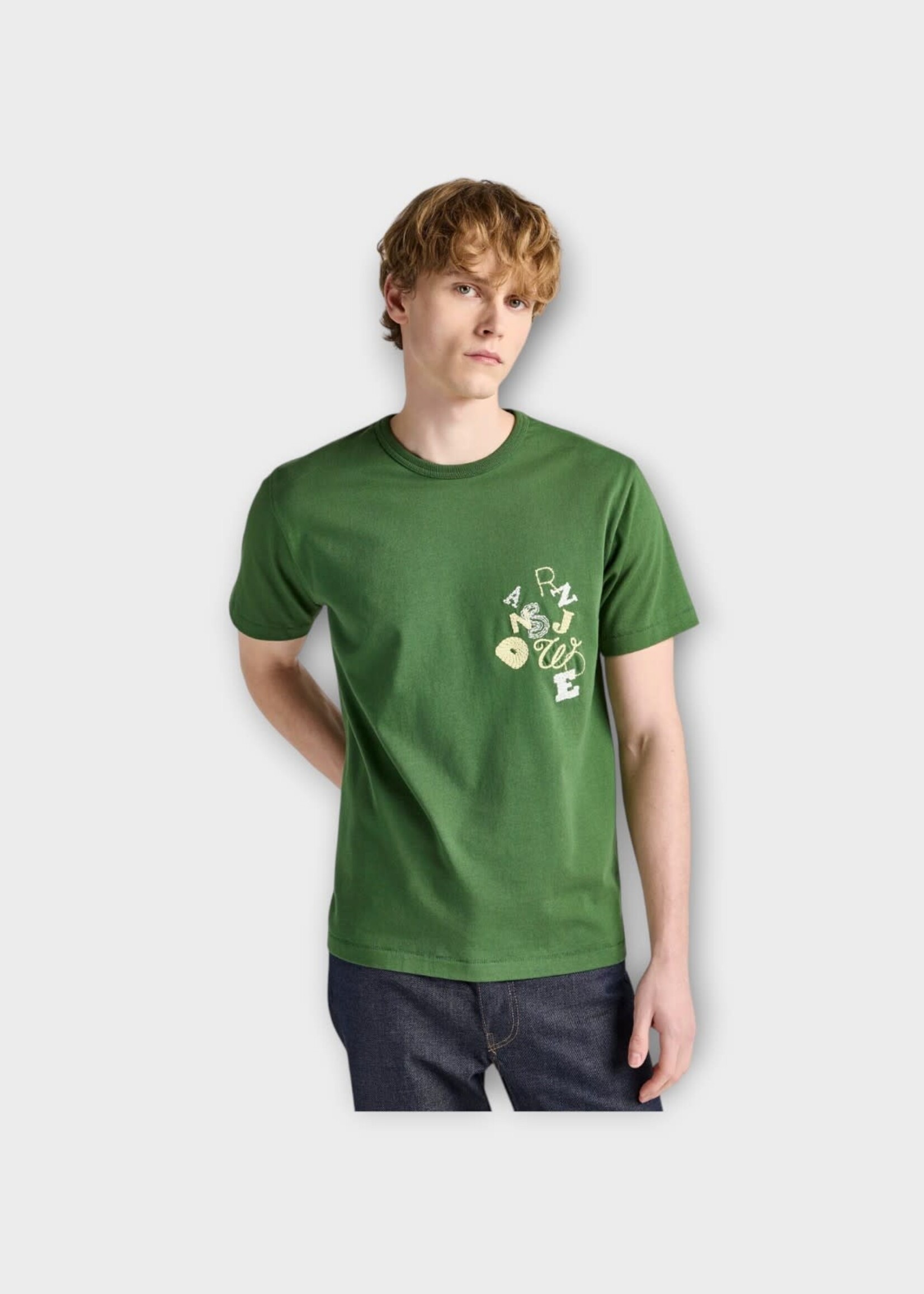 J.W. Anderson J.W.Anderson T-Shirt, Green, Double Jersey  Crew Neck T-Shirt In Green w/ Scattered Letters Embroidery
