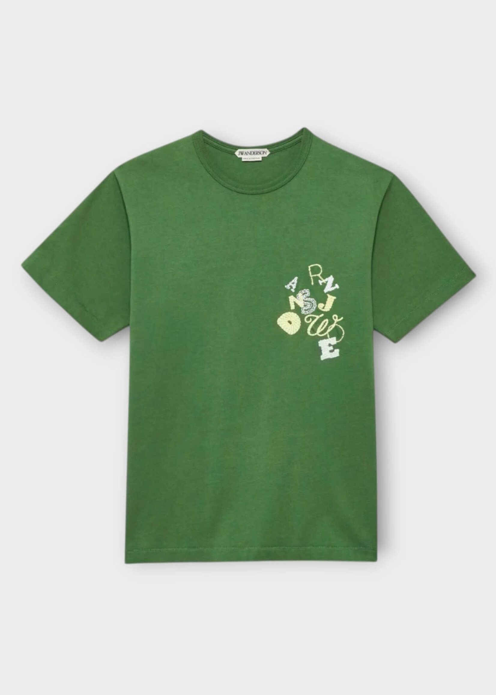 J.W. Anderson J.W.Anderson T-Shirt, Green, Double Jersey  Crew Neck T-Shirt In Green w/ Scattered Letters Embroidery