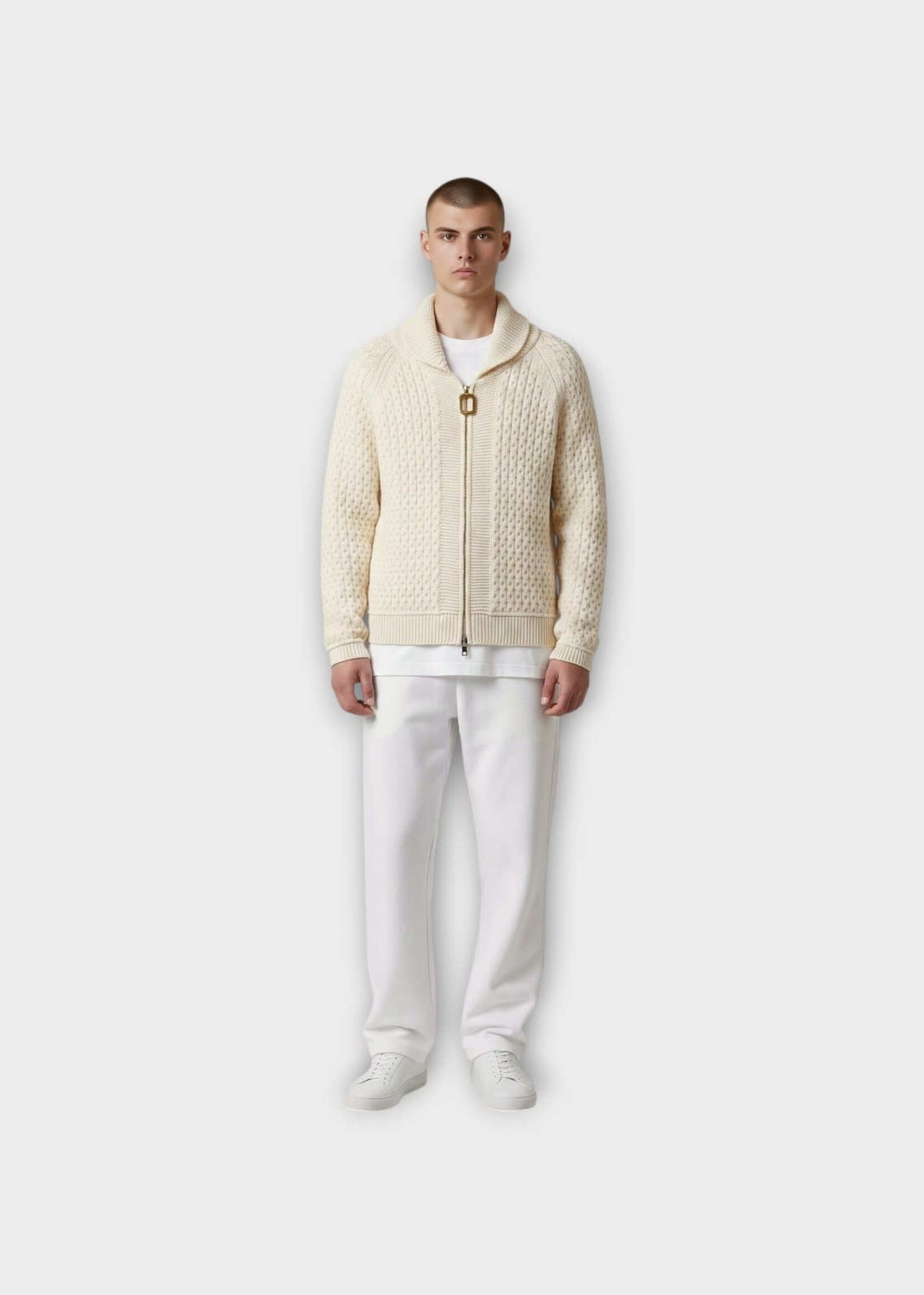 J.W. Anderson J.W.Anderson Knitwear, White, Cotton Mix Cable Knit Front Zip Jumper In Off White