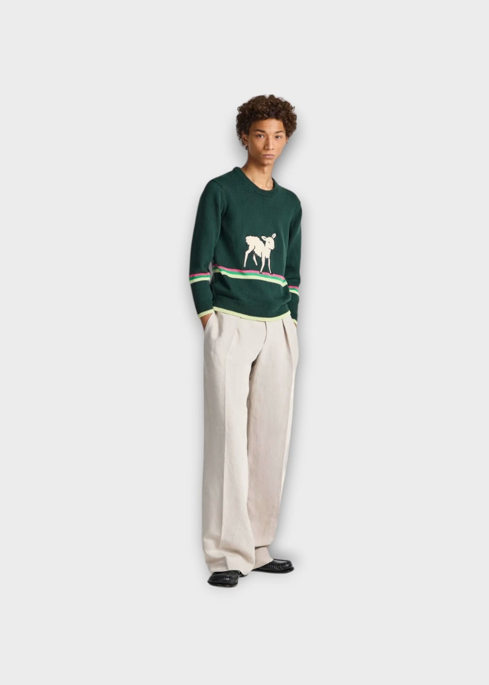J.W. Anderson J.W.Anderson Knitwear, Green, Cotton Crew Neck Sheep Jumper In Dark Green