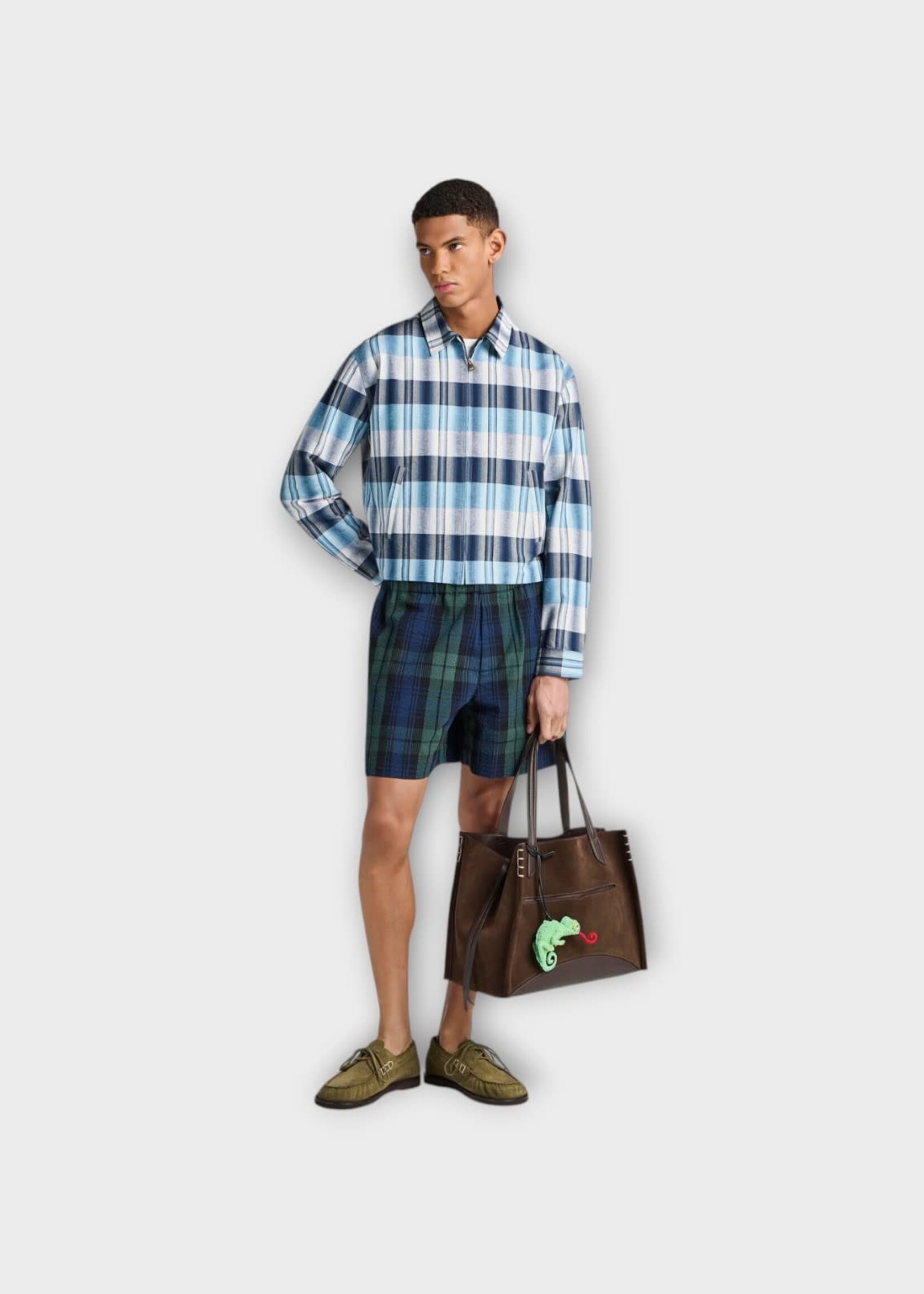 J.W. Anderson J.W.Anderson Shorts, Print, Cotton Drawstring Shorts In Navy & Green w/ Check Print