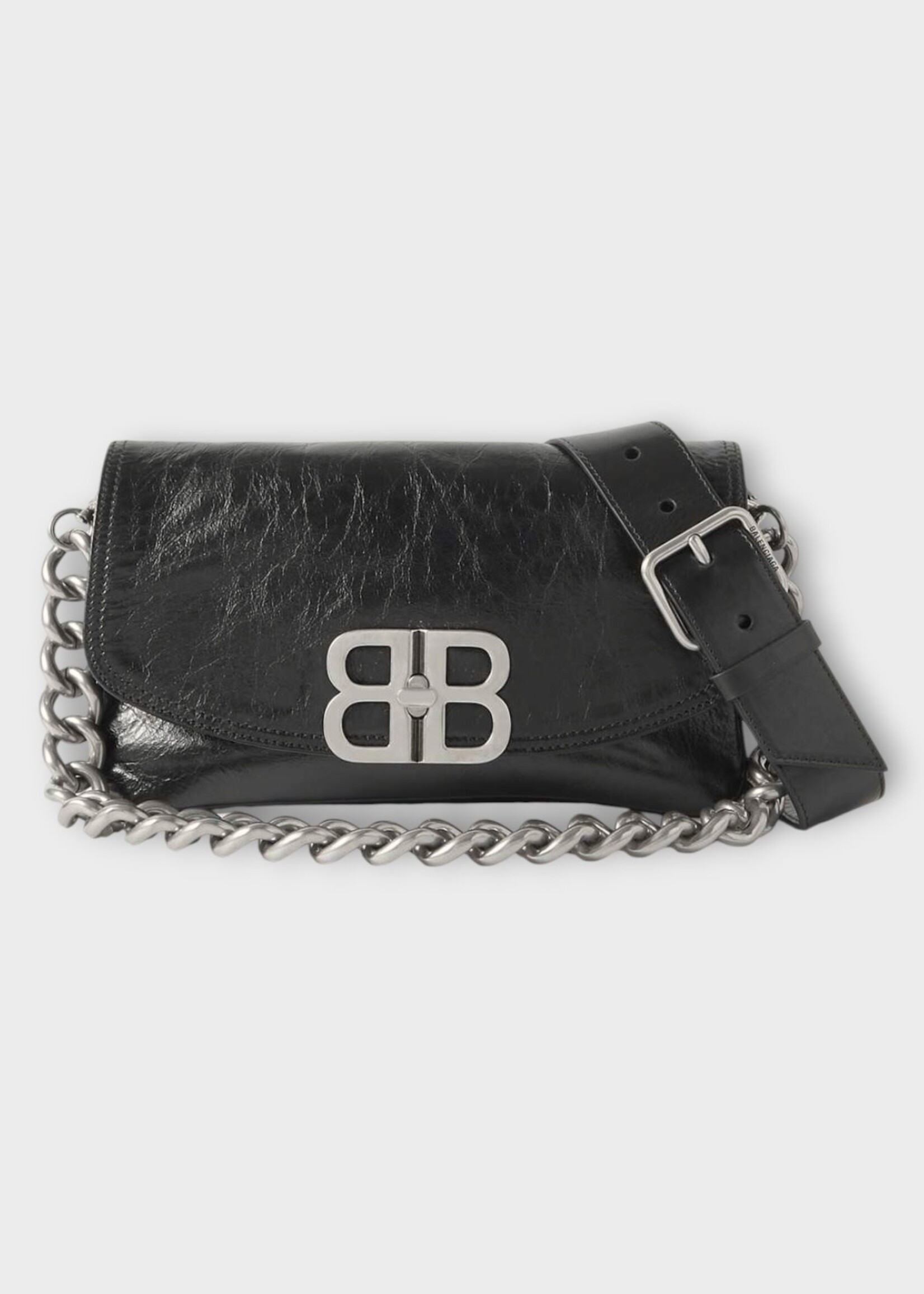 Balenciaga Balenciaga Shoulder Bag, Black, BB Calfskin Flap Envelope Small Bag w/ Shoulder Strap & Removable Chain