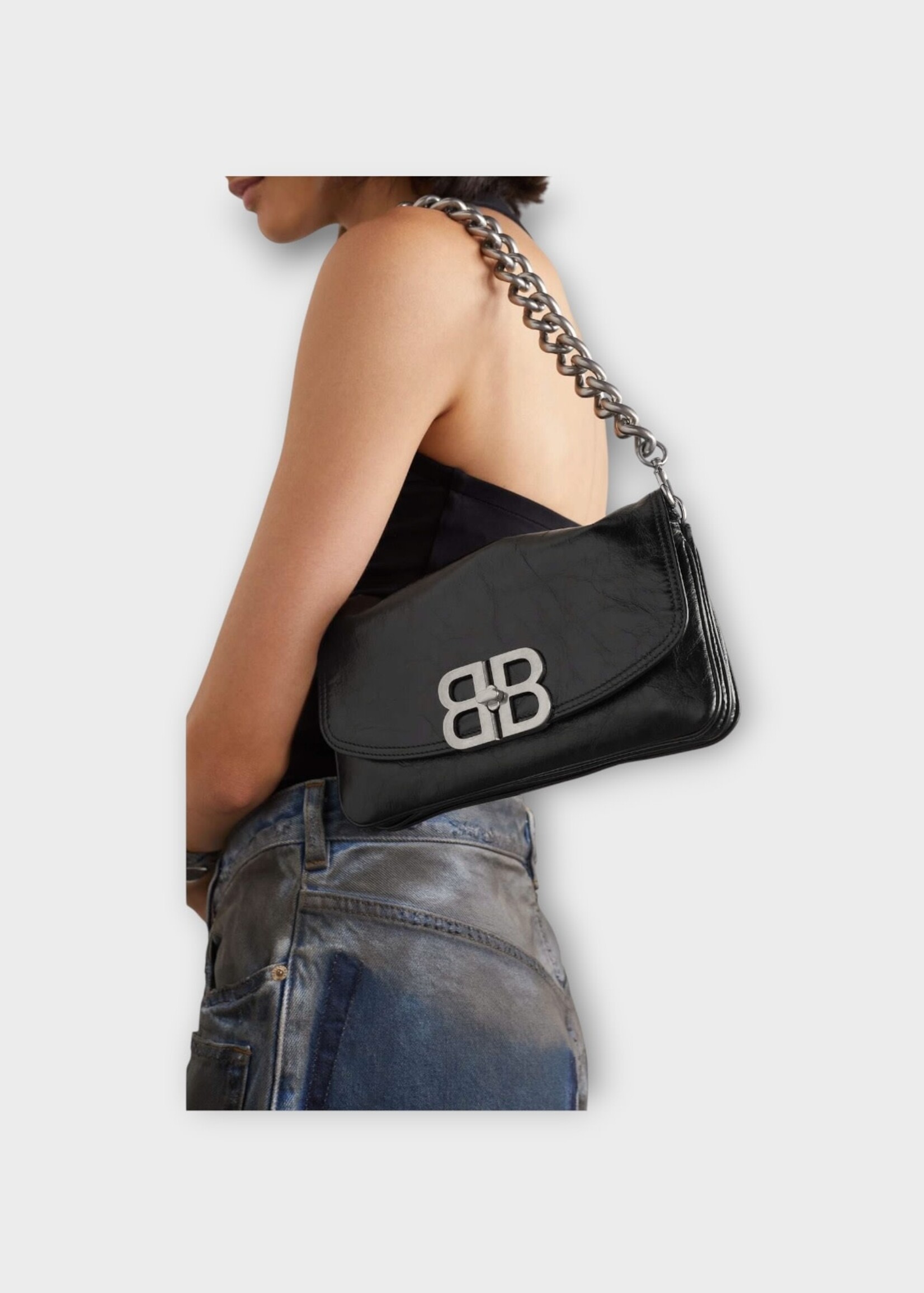 Balenciaga Balenciaga Shoulder Bag, Black, BB Calfskin Flap Envelope Small Bag w/ Shoulder Strap & Removable Chain