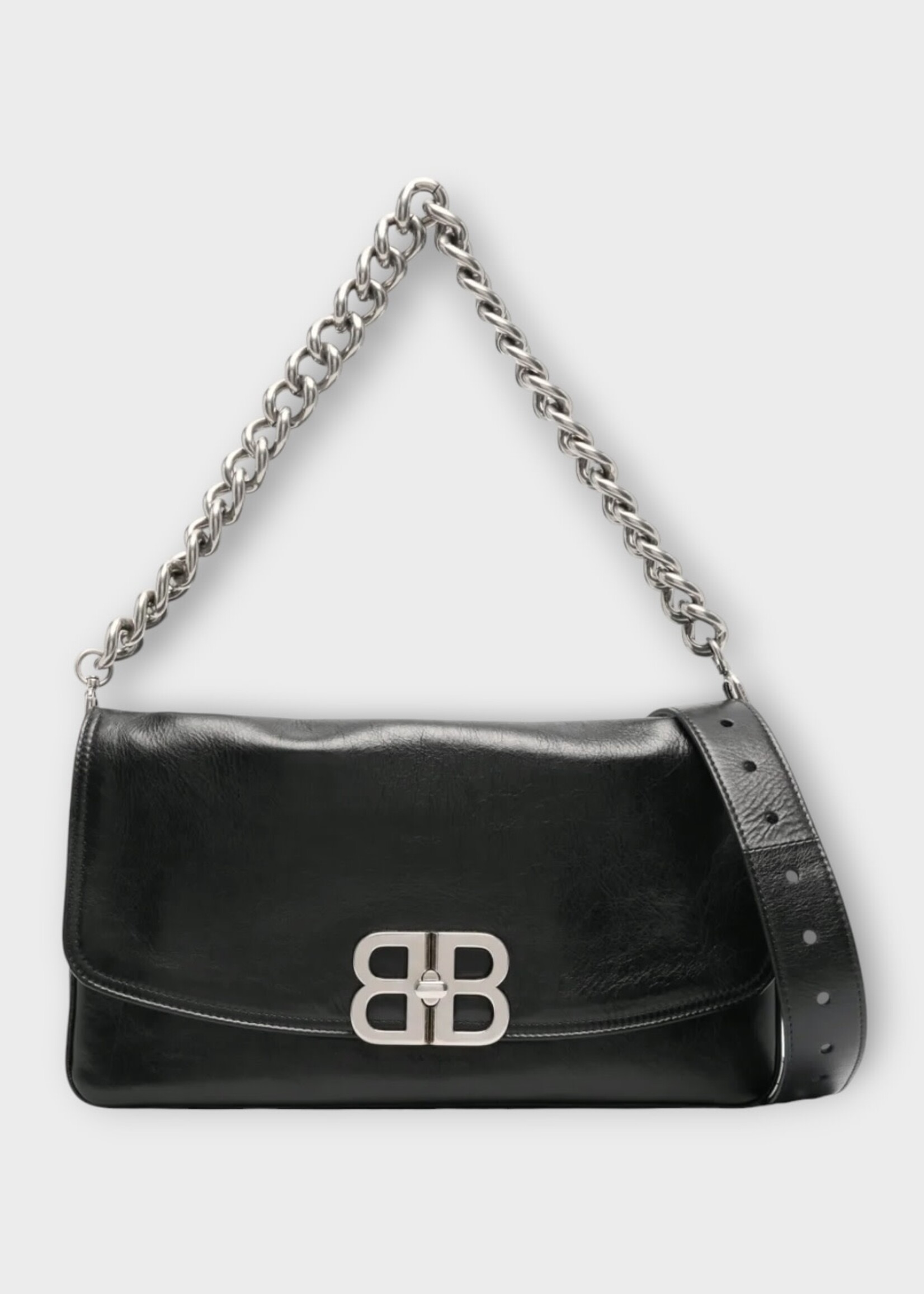Balenciaga Balenciaga Shoulder Bag, Black, BB Calfskin Flap Envelope Small Bag w/ Shoulder Strap & Removable Chain