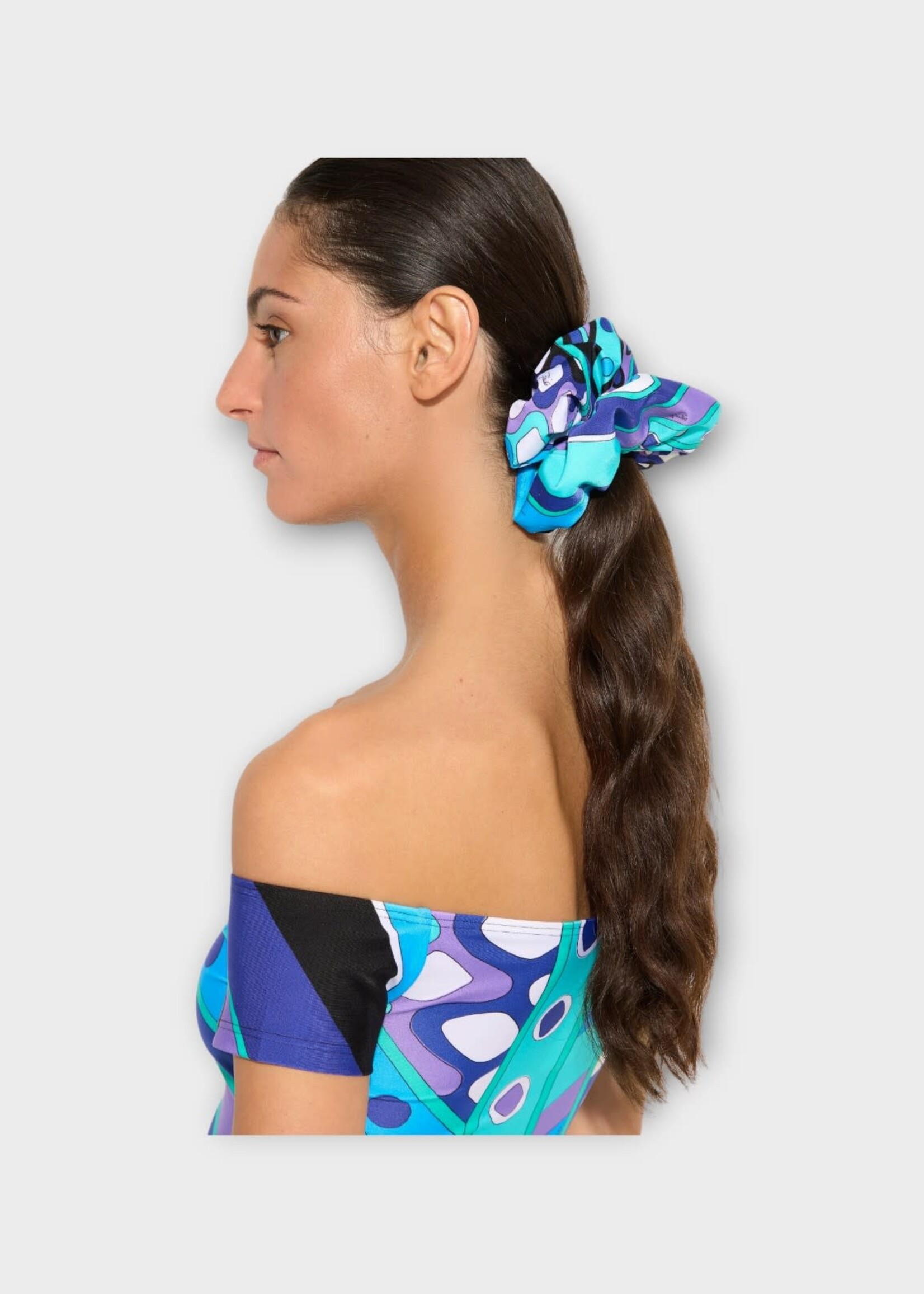 Pucci Pucci Hair Accessory, Print, Zipped Scrunchie In Turquoise Blue w/ Vivara Print