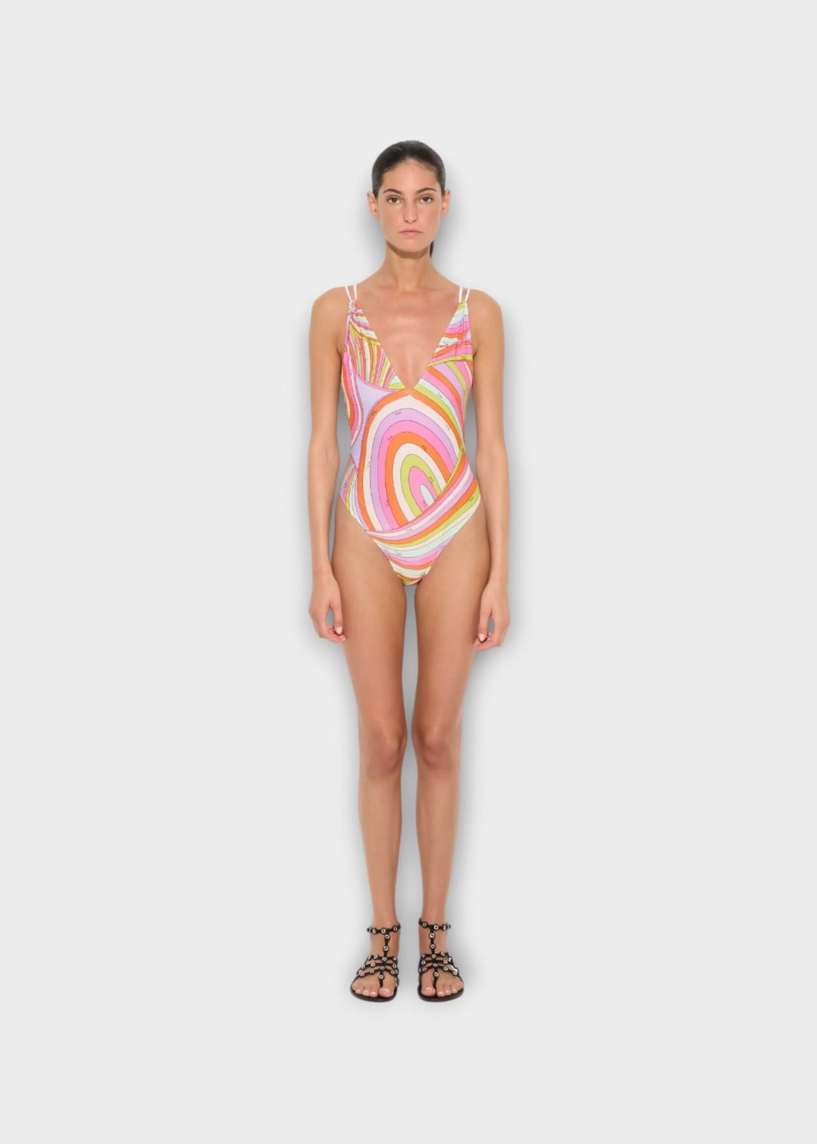 Pucci Pucci Swimwear, Print, V-Neck One Piece Swimsuit In Multicolor w/ Iride Print