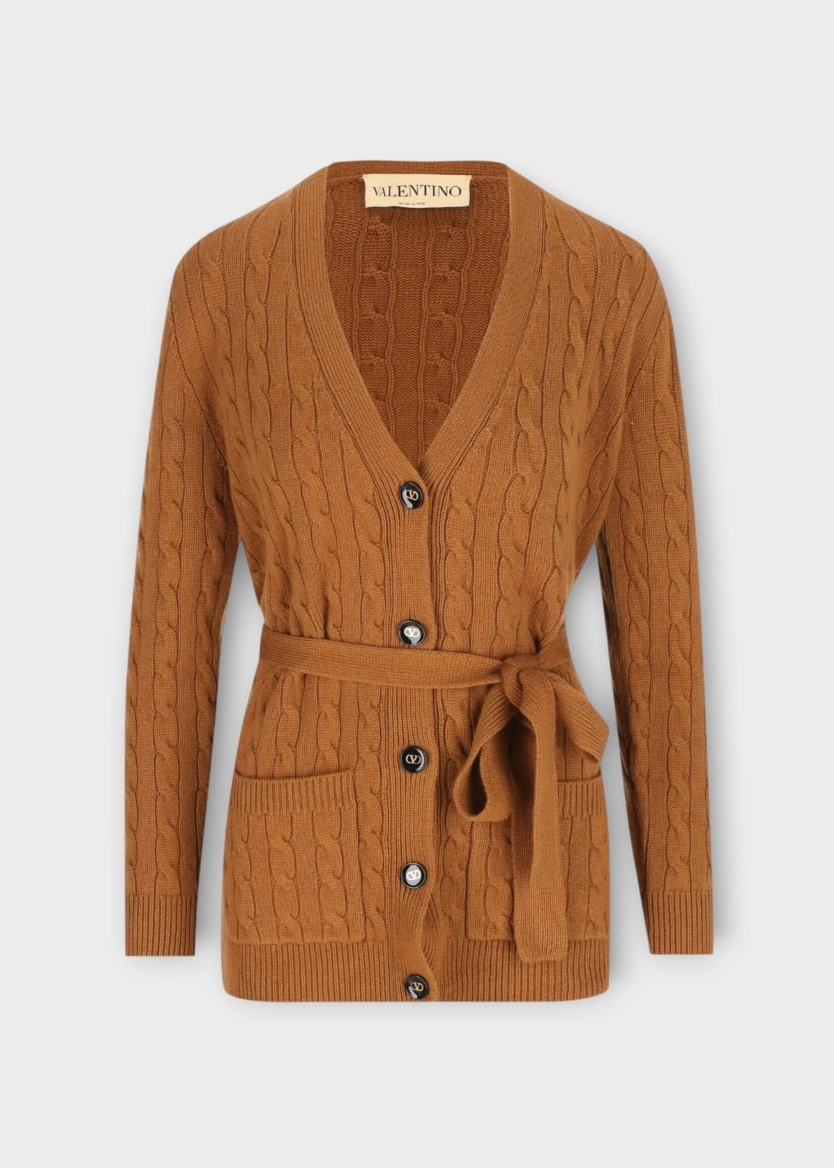 Valentino Valentino Knitwear, Brown, Cashmere Solid Belted Cardigan In Bright Cuir
