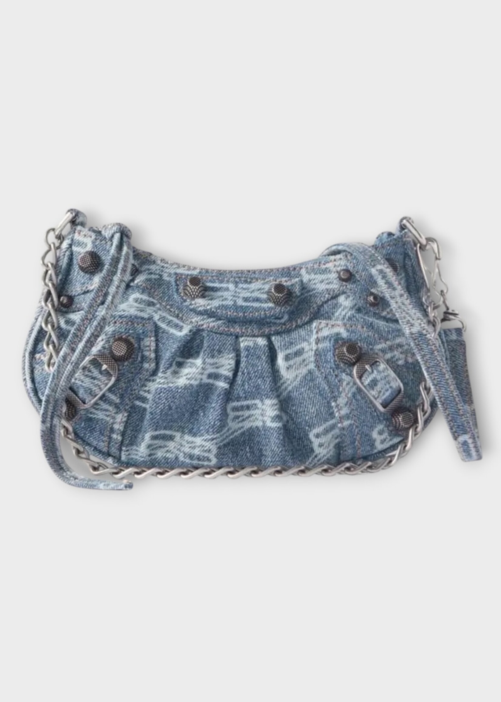 Balenciaga Balenciaga Bag, Blue, Le Cagole Mini Cotton Denim Shoulder Bag w/ All Over Logo & Chain Strap