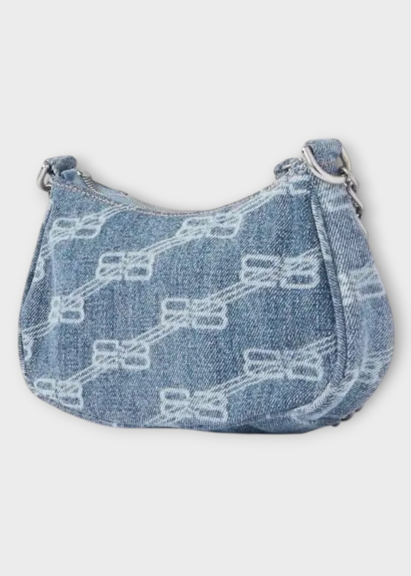 Balenciaga Balenciaga Bag, Blue, Le Cagole Mini Cotton Denim Shoulder Bag w/ All Over Logo & Chain Strap