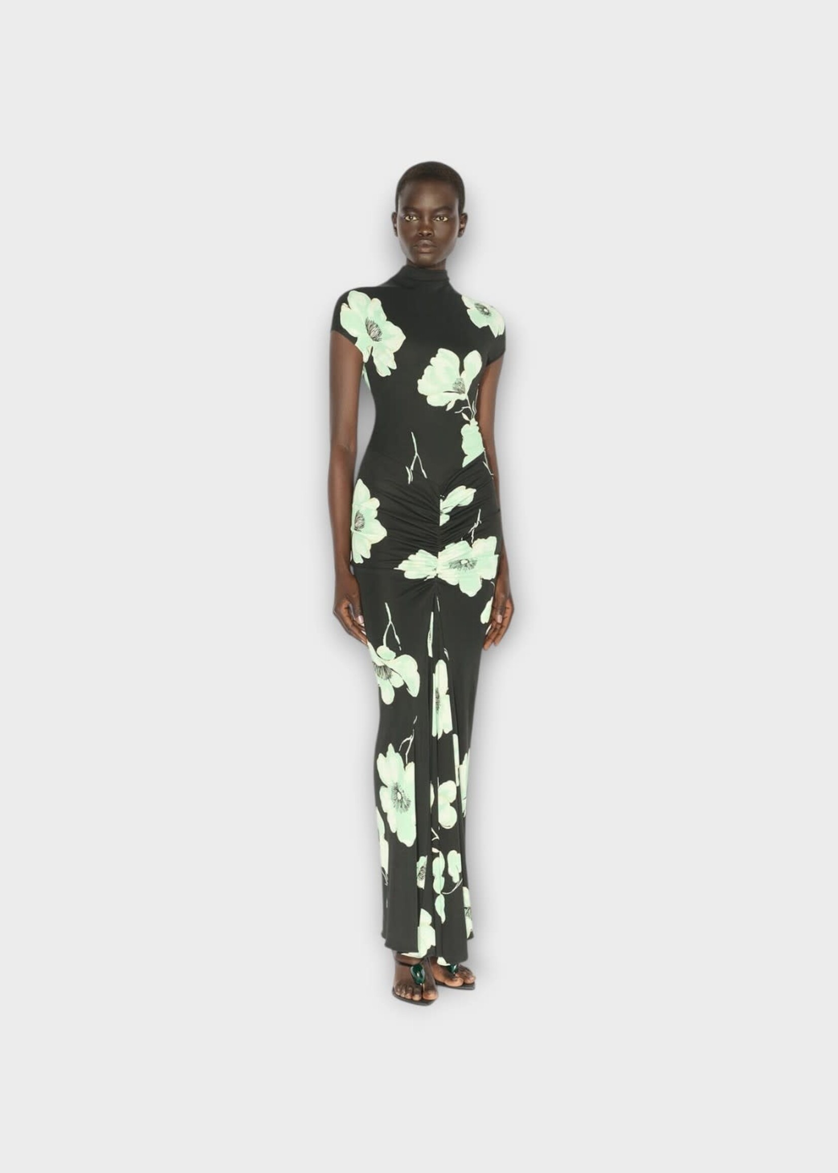 Alaia Alaia Dress, Print, Short Sleeve Draped Long Dress In Black & Blue w/ Flower Print