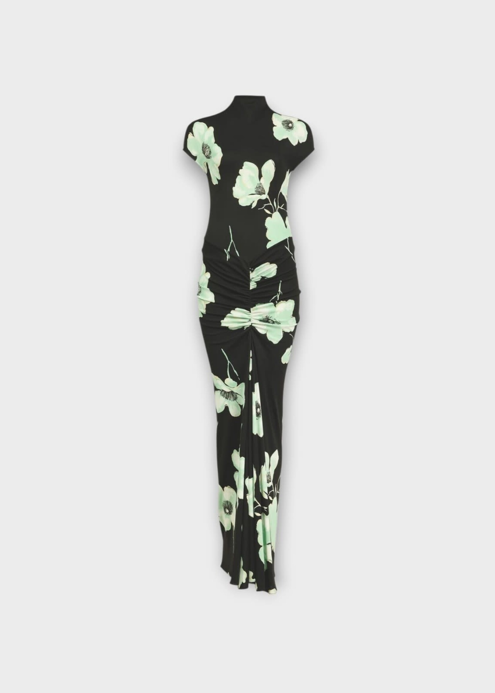 Alaia Alaia Dress, Print, Short Sleeve Draped Long Dress In Black & Blue w/ Flower Print