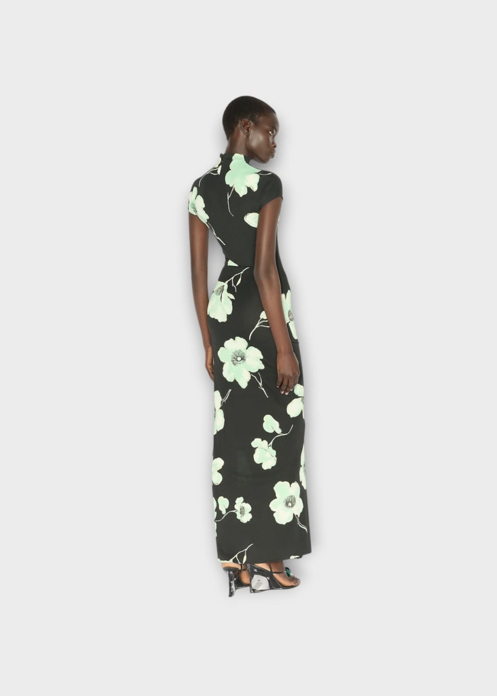 Alaia Alaia Dress, Print, Short Sleeve Draped Long Dress In Black & Blue w/ Flower Print