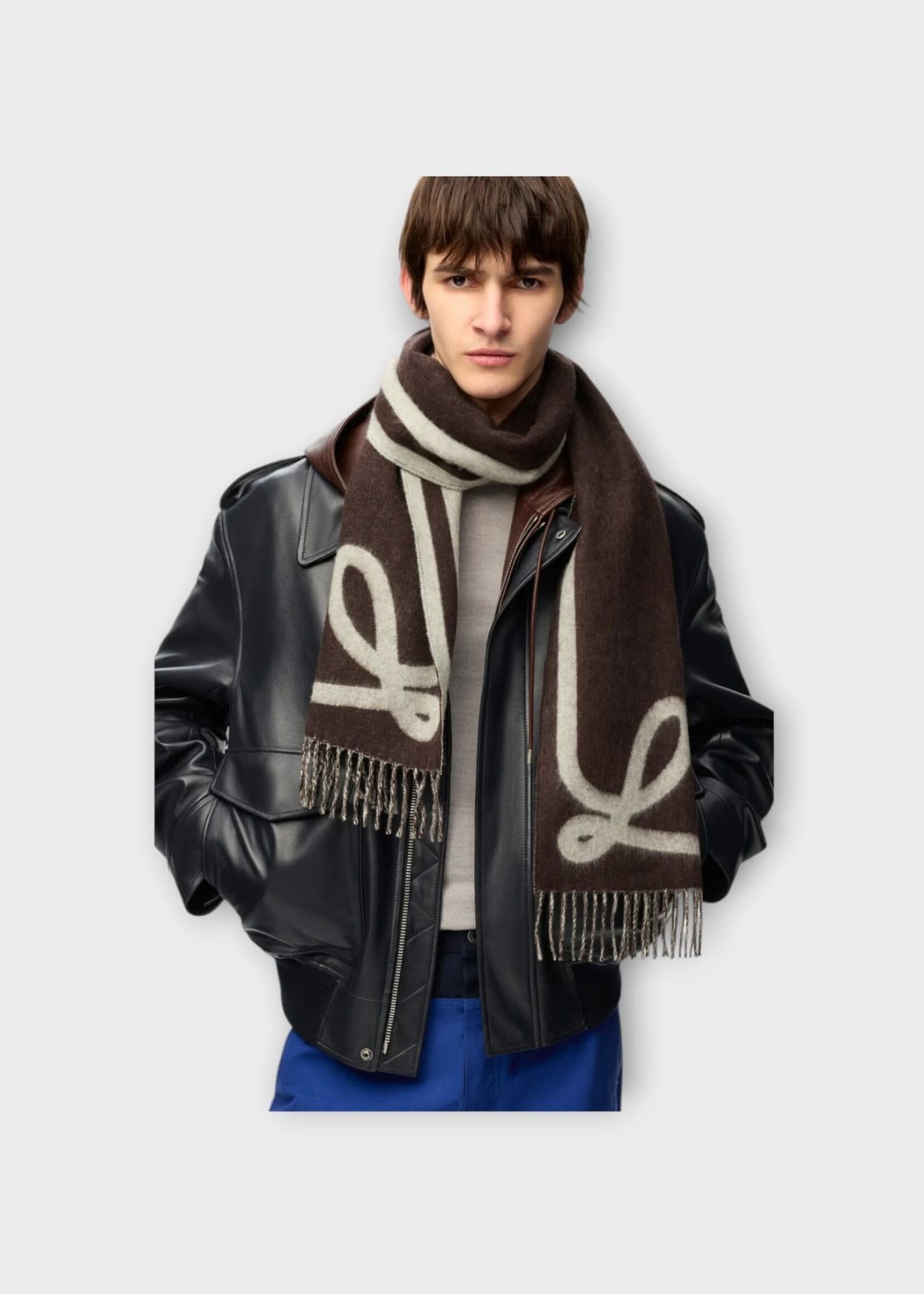 Loewe Loewe Scarf, Multi, Wool & Cashmere 28X180 Scarf In Brown & Yellow w/ Jacquard Pattern