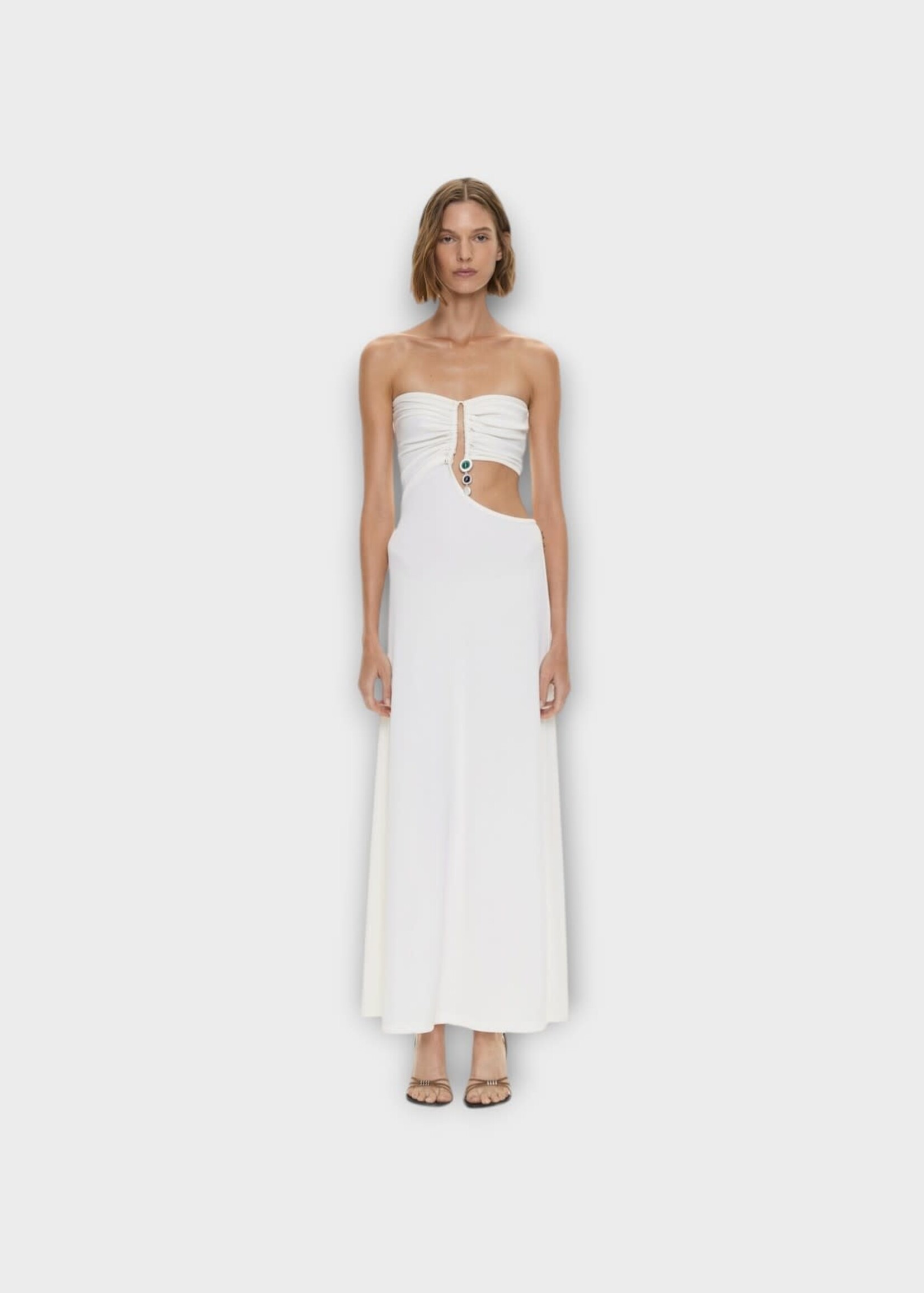 Christopher Esber Christopher Esber Dress, White, Compact Ribbed Droplet Crystal Pendant Strapless Midi Dress In White