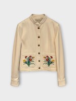 Valentino Valentino Jacket, White, Cotton Denim Jacket In Ivory & Multicolor w/ Flower Embroidery